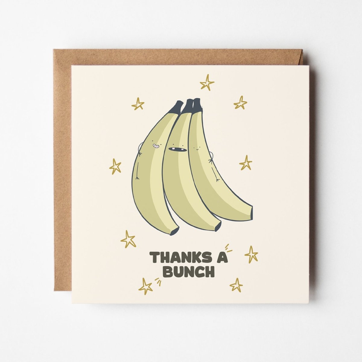 Thanks a bunch greeting card showing front design with playful banana bunch graphic