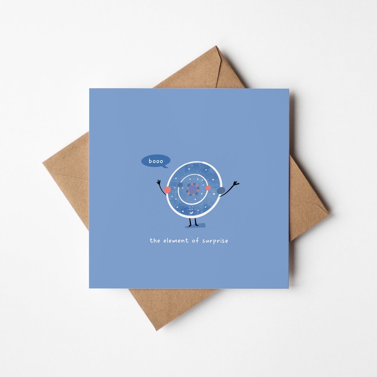 Science humor card featuring adorable chemistry element with kawaii style