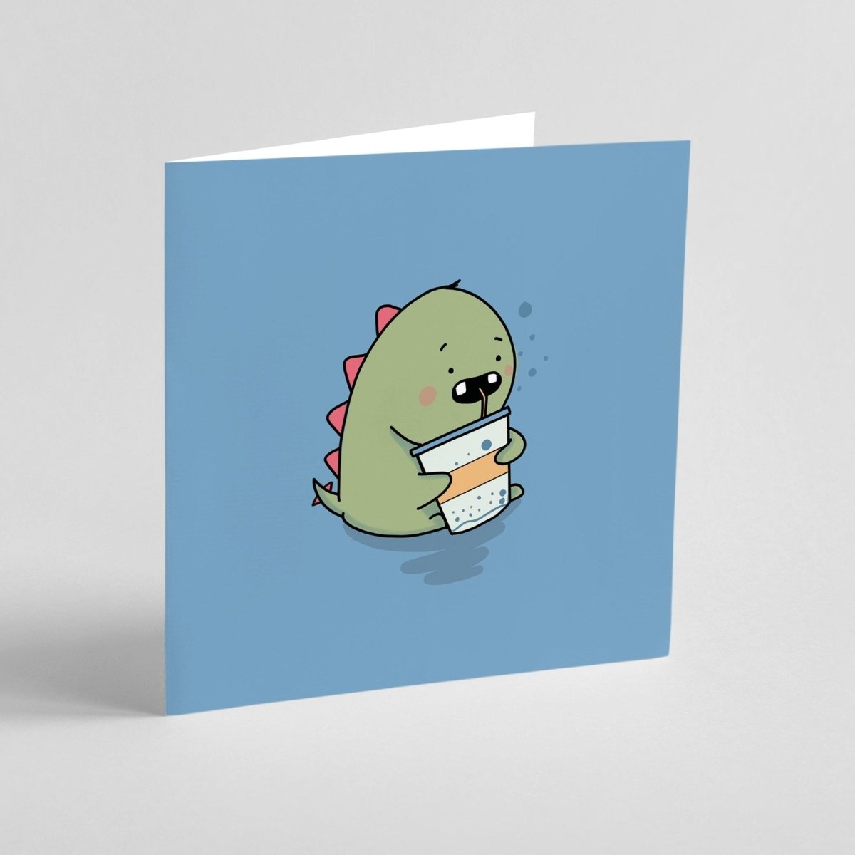 Thirsty dinosaur card mockup showing sweet summer design with kraft envelope