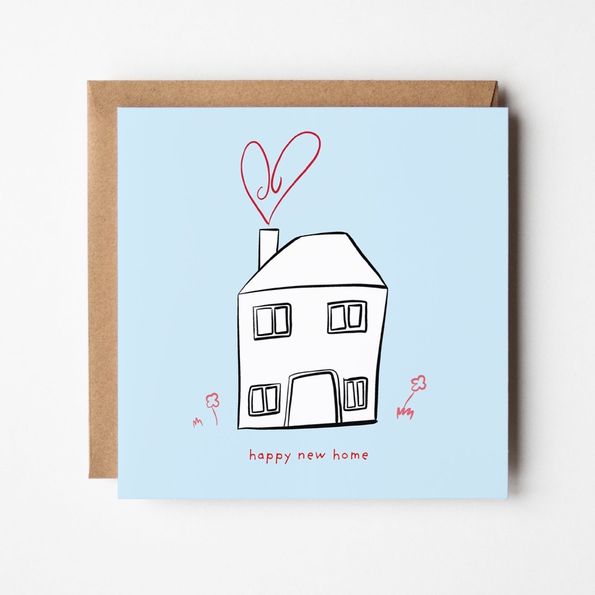 New home greeting card mockup showing adorable housewarming design with kawaii charm