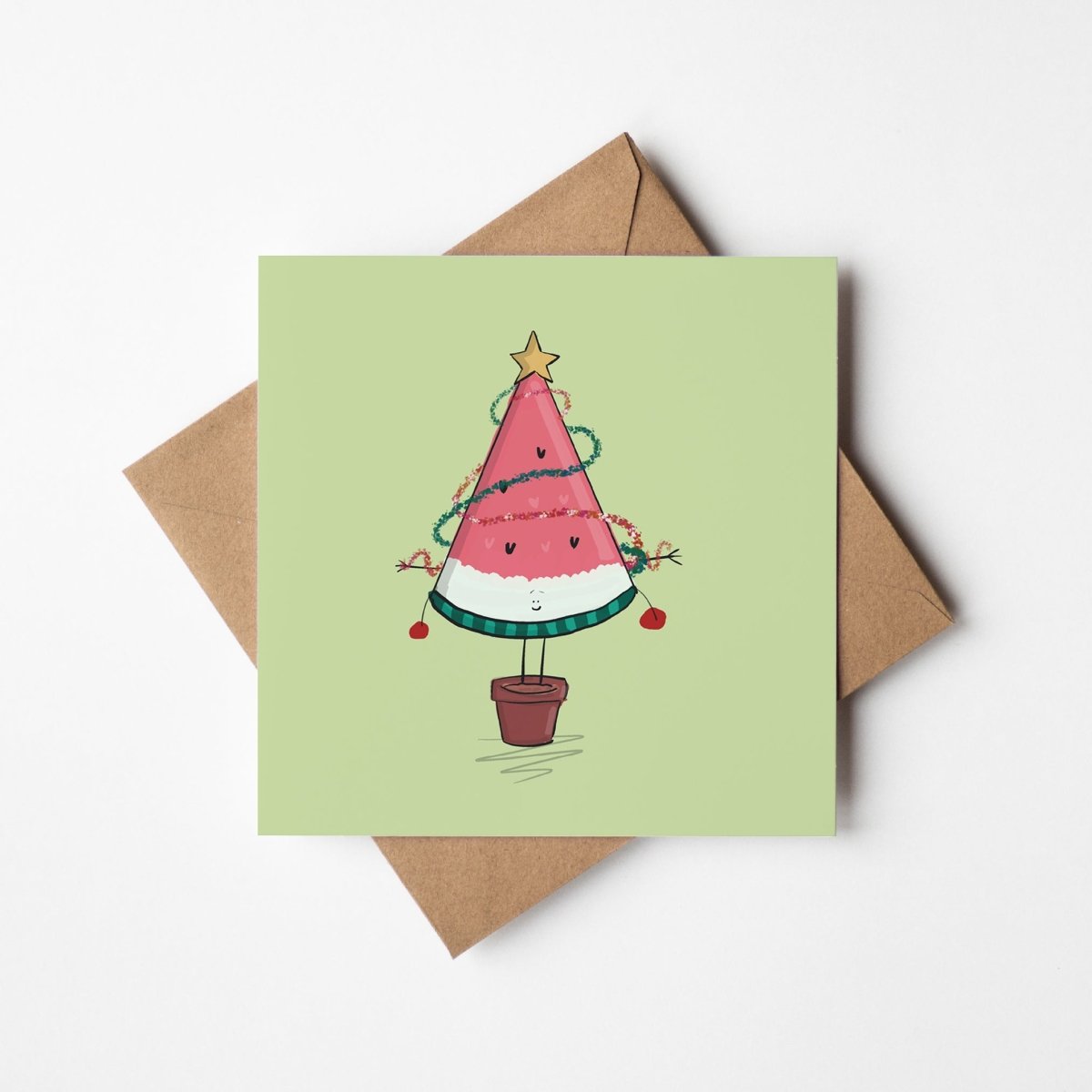 Watermelon Christmas tree card with festive decorations and kawaii style