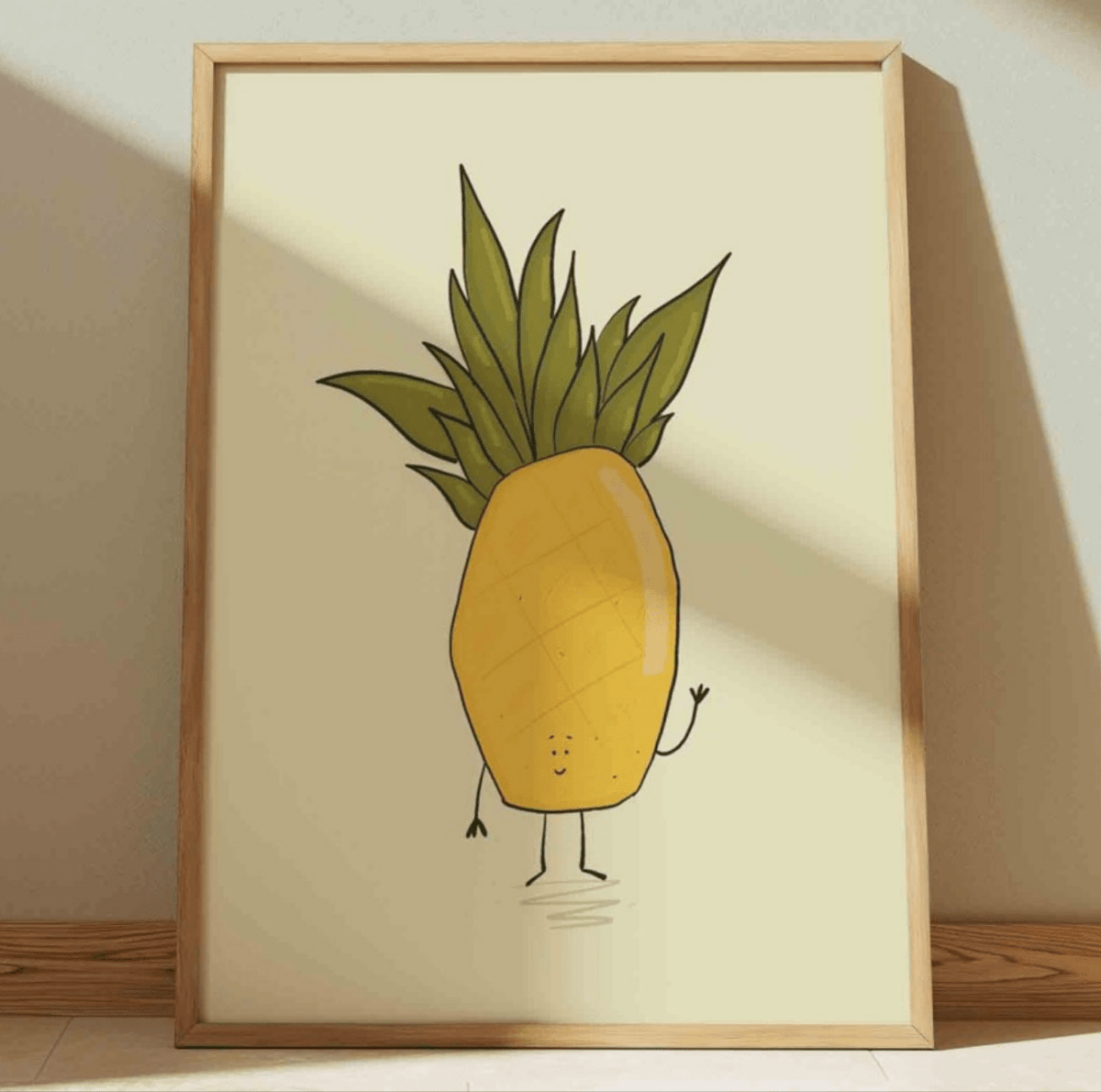 cute waving pineapple fun fruit art print A5 art print, kawaii wall art