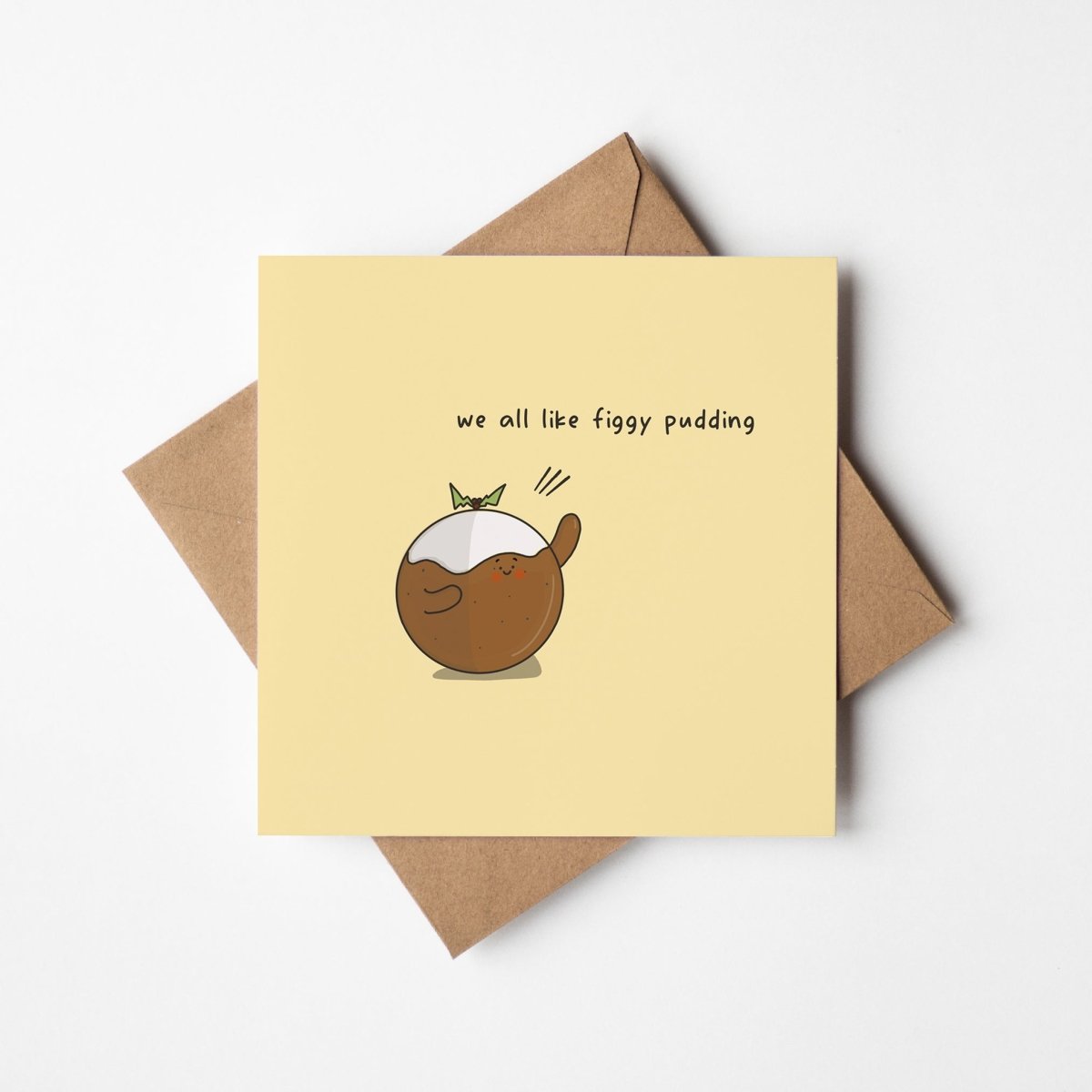 Figgy pudding Christmas card mockup showing adorable festive character with kraft envelope