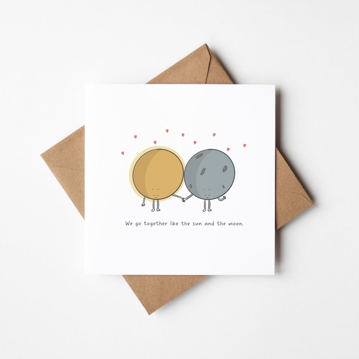 We Go Together Like Sun and Moon greeting card with cute celestial characters