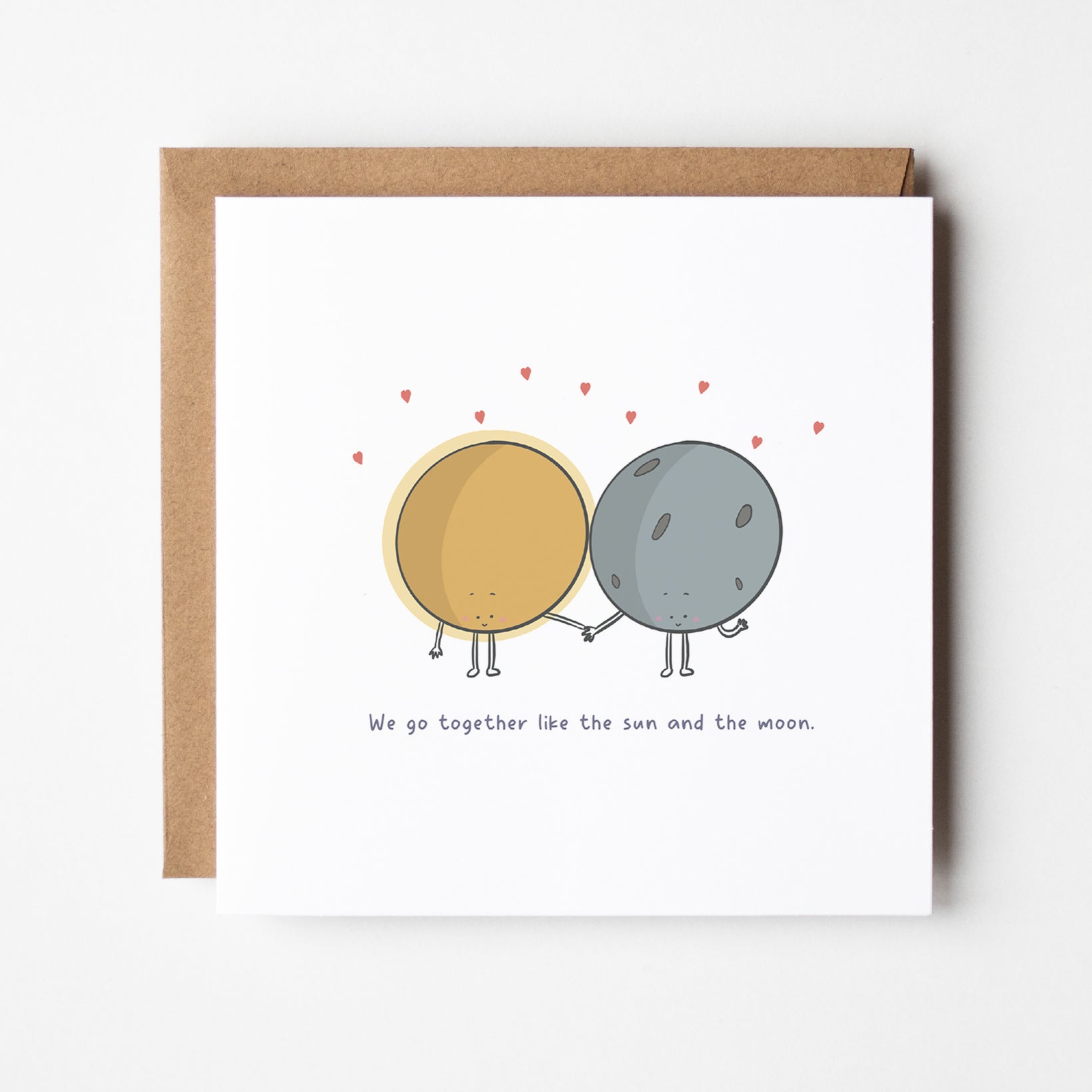 Love card featuring adorable hand-drawn sun and moon cosmic design