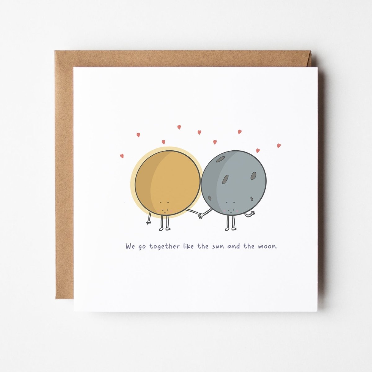 Love card featuring adorable hand-drawn sun and moon cosmic design