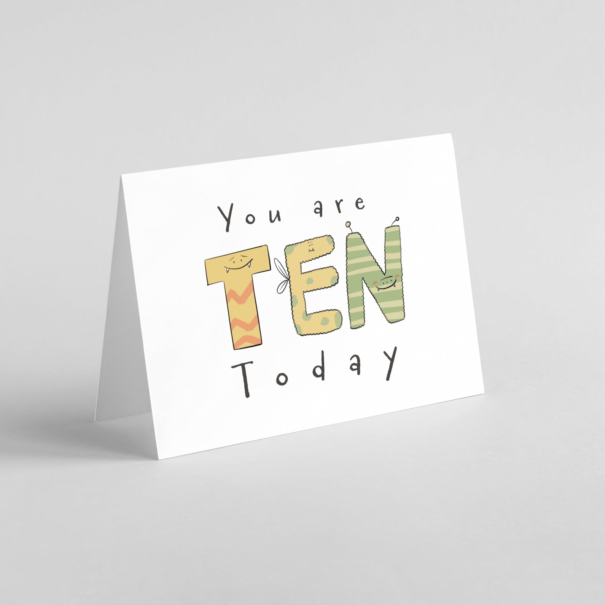 You Are 10 Today" Milestone Birthday Card – Cute Hand - Drawn Monster Design - Richard DaraniGreeting & Note Cards
