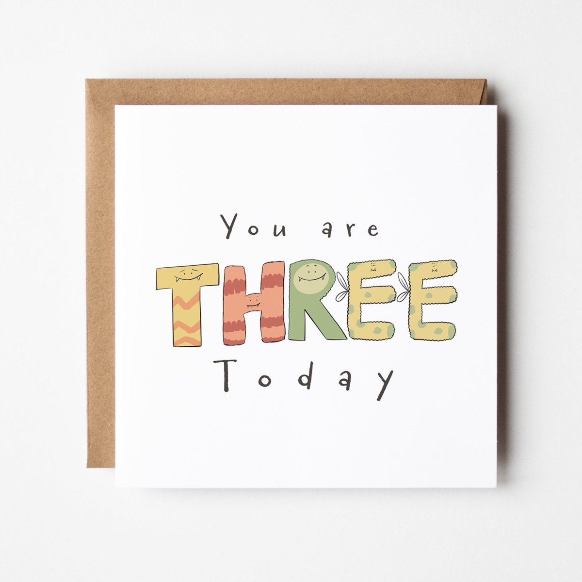 You Are 3 Today monster birthday card featuring kawaii monster letters spelling THREE