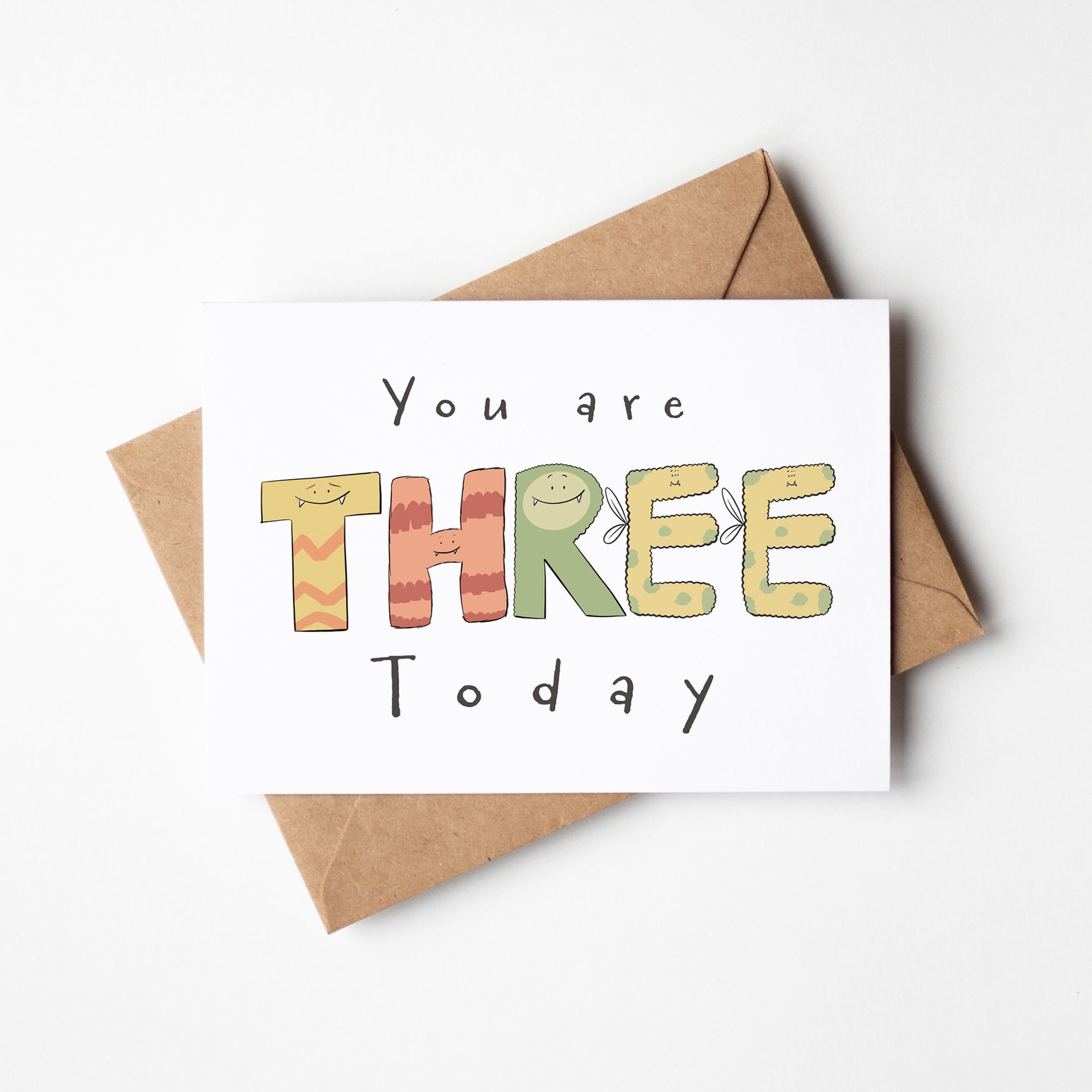"You Are 3 Today" Milestone Birthday Card – Cute Hand - Drawn Monster Design - Richard DaraniGreeting & Note Cards