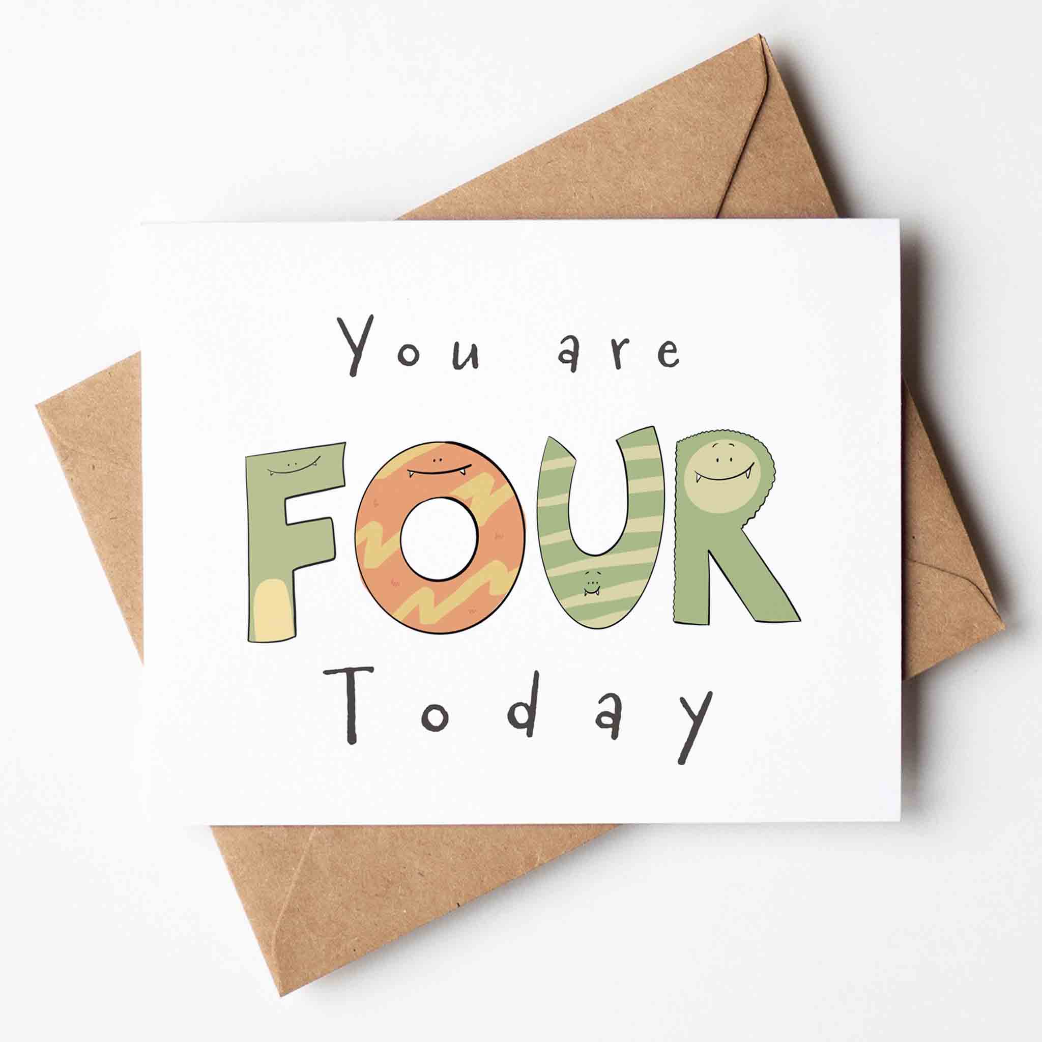 "You Are 4 Today" Milestone Birthday Card – Cute Hand - Drawn Monster Design - Richard DaraniGreeting & Note Cards