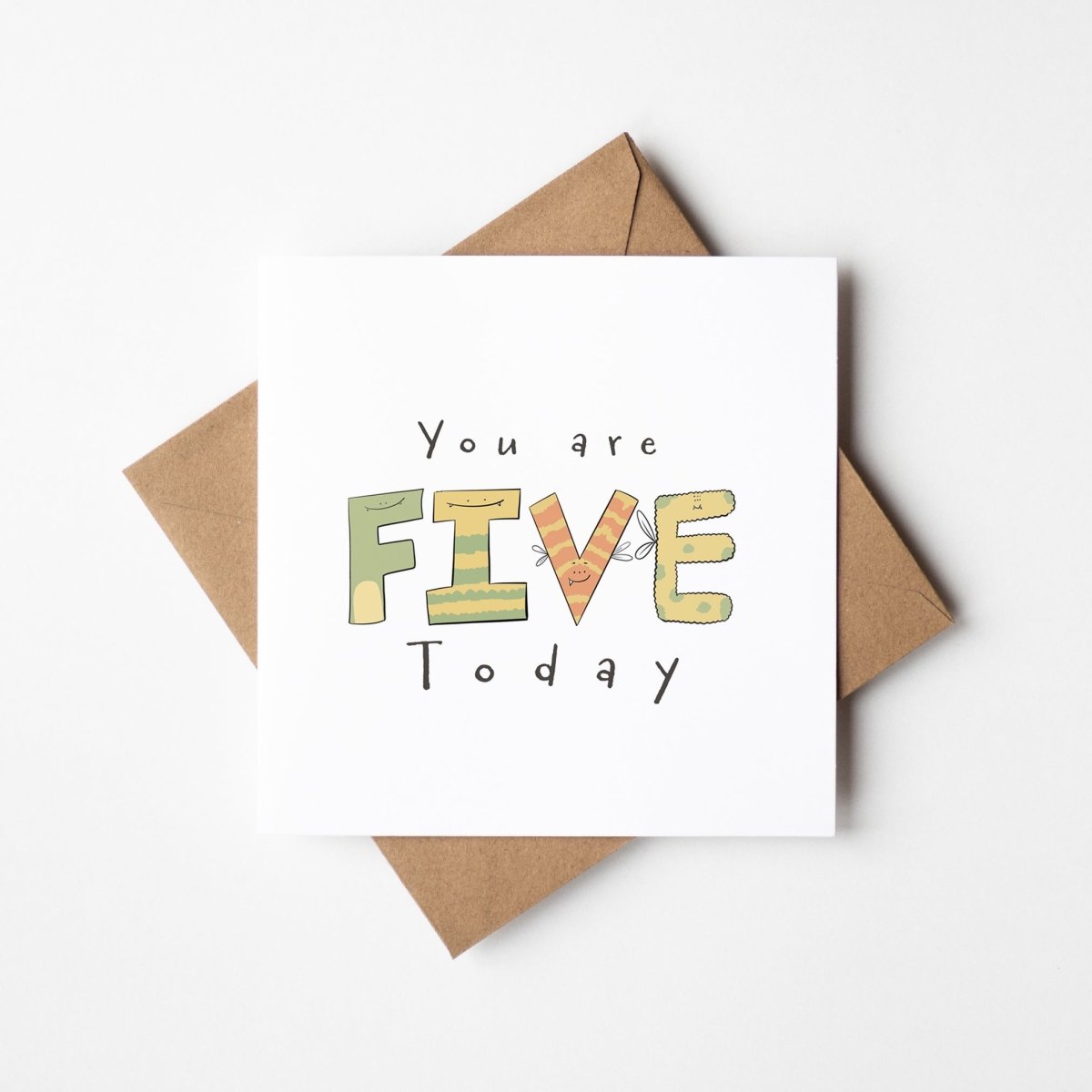 You Are 5 Today monster birthday card featuring fuzzy winged monster letters spelling FIVE