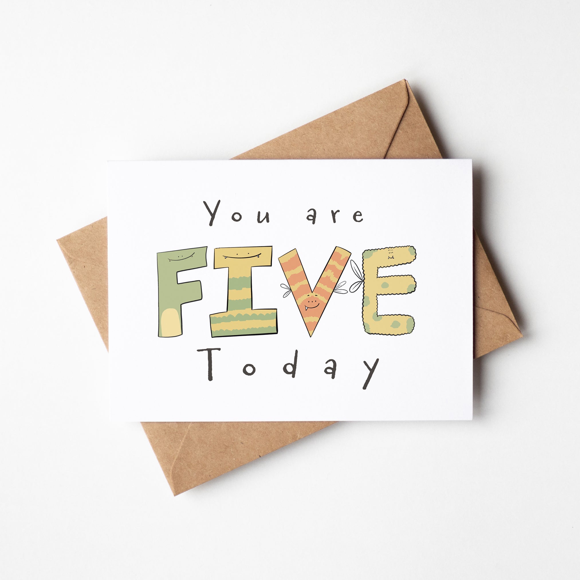 You Are 5 Today" Milestone Birthday Card – Cute Hand - Drawn Monster Design - Richard DaraniGreeting & Note Cards