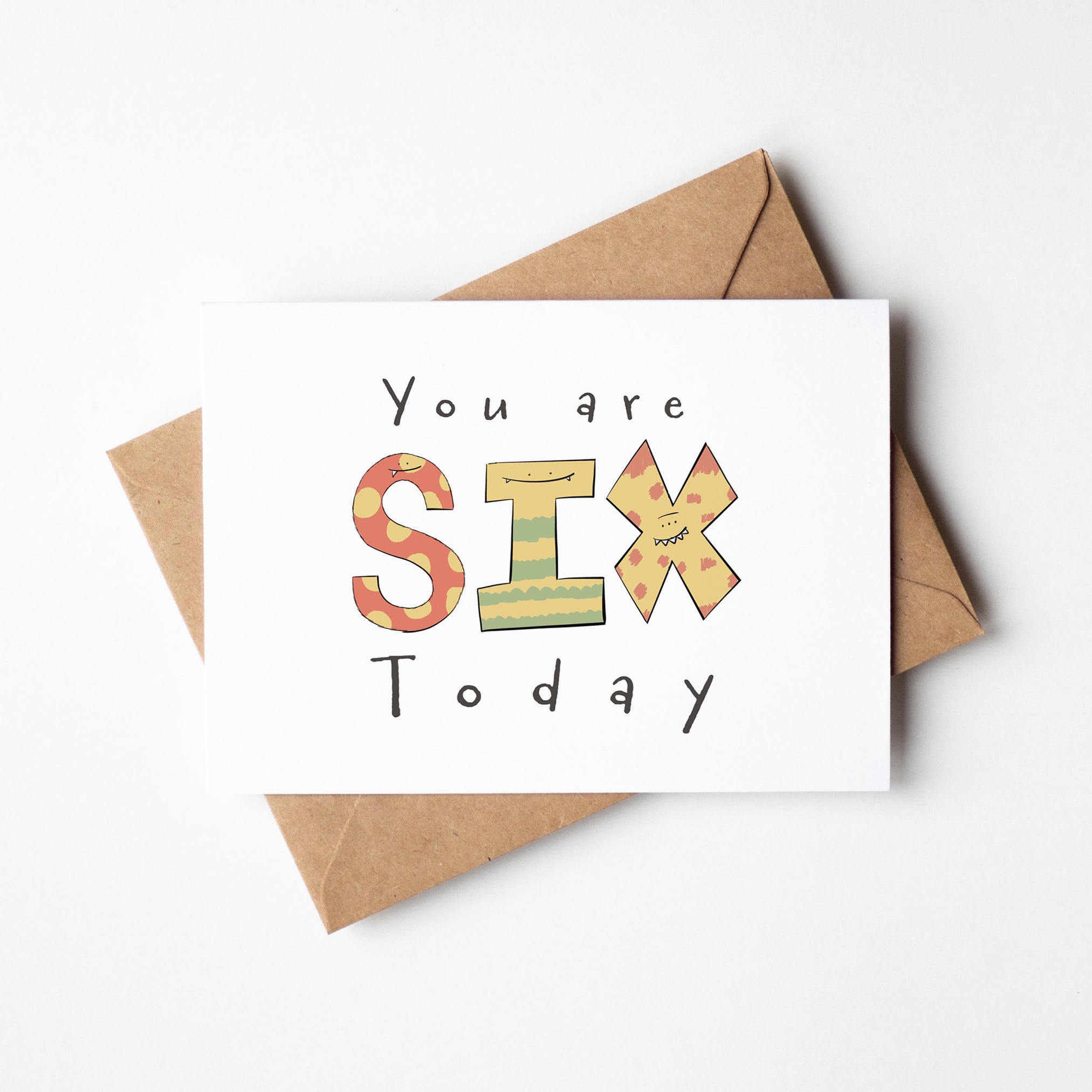 "You Are 6 Today" Milestone Birthday Card – Cute Hand - Drawn Monster Design - Richard DaraniGreeting & Note Cards