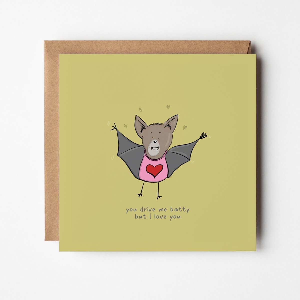 Cute kawaii bat greeting card saying You Drive Me Batty with adorable bat illustration