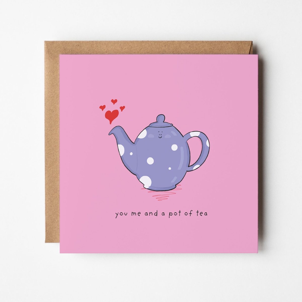 Tea-themed greeting card mockup showing adorable teapot character with cozy design