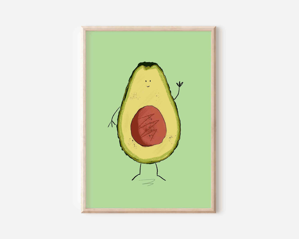 Joyful 'Happy Avocado' character art print, bringing a playful and vibrant touch to kitchen and dining spaces, perfect for culinary enthusiasts and decor lovers."