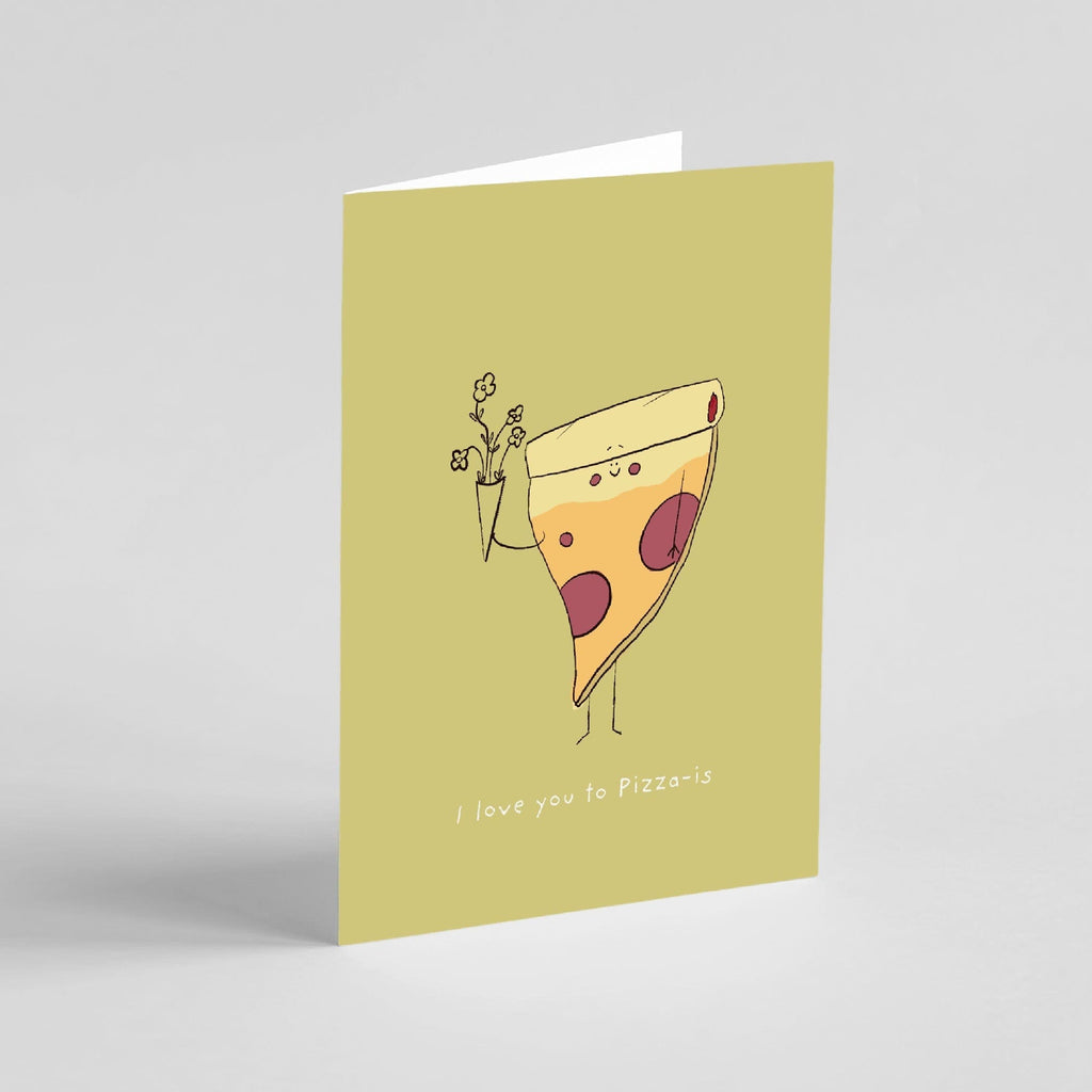 Adorable 'I Love You to Pizza-is' greeting card, featuring a cute pizza slice with flowers, hand-drawn by Richard Darani, ideal for birthdays, anniversaries, or just because."
