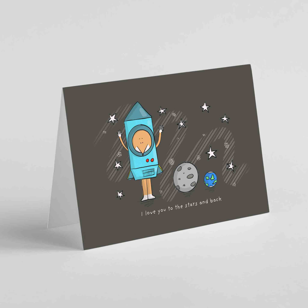 "Charming 'I Love You to the Stars and Back' anniversary card by Richard Darani, depicting a cute fox in a space suit, symbolizing boundless love and adventurous spirits."