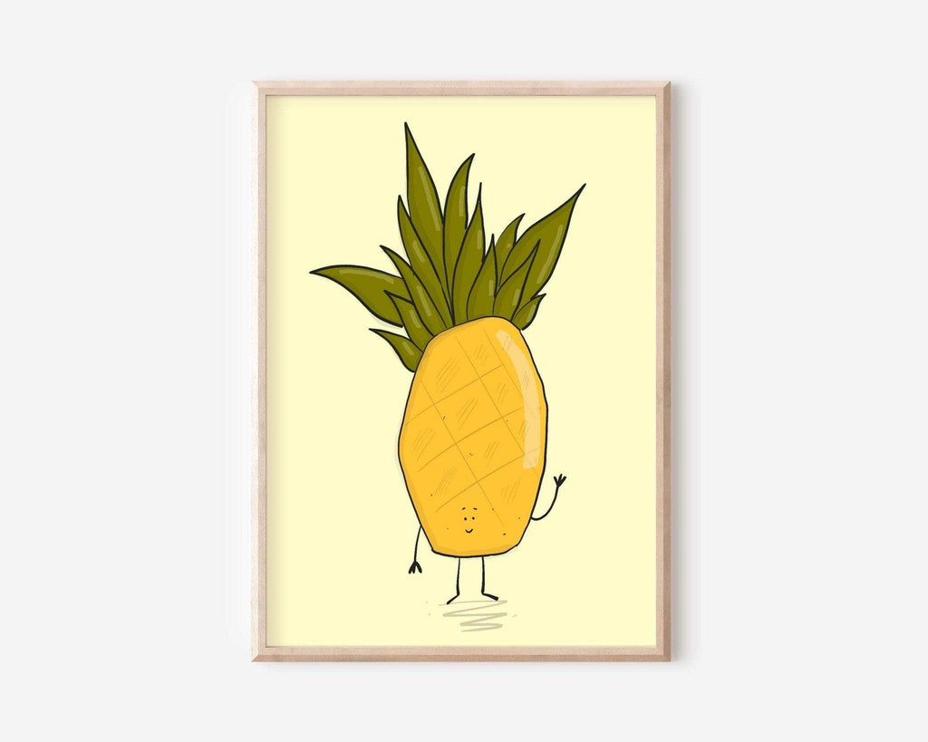 Art print of a 'Waving Pineapple' with a friendly gesture, vibrant in yellow and green, ideal for infusing spaces with tropical charm and a welcoming vibe."