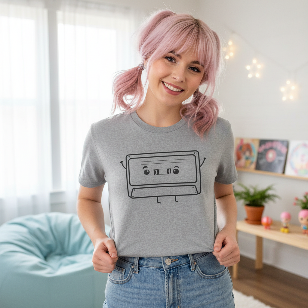 Model wearing a tshirt with my cassette design 