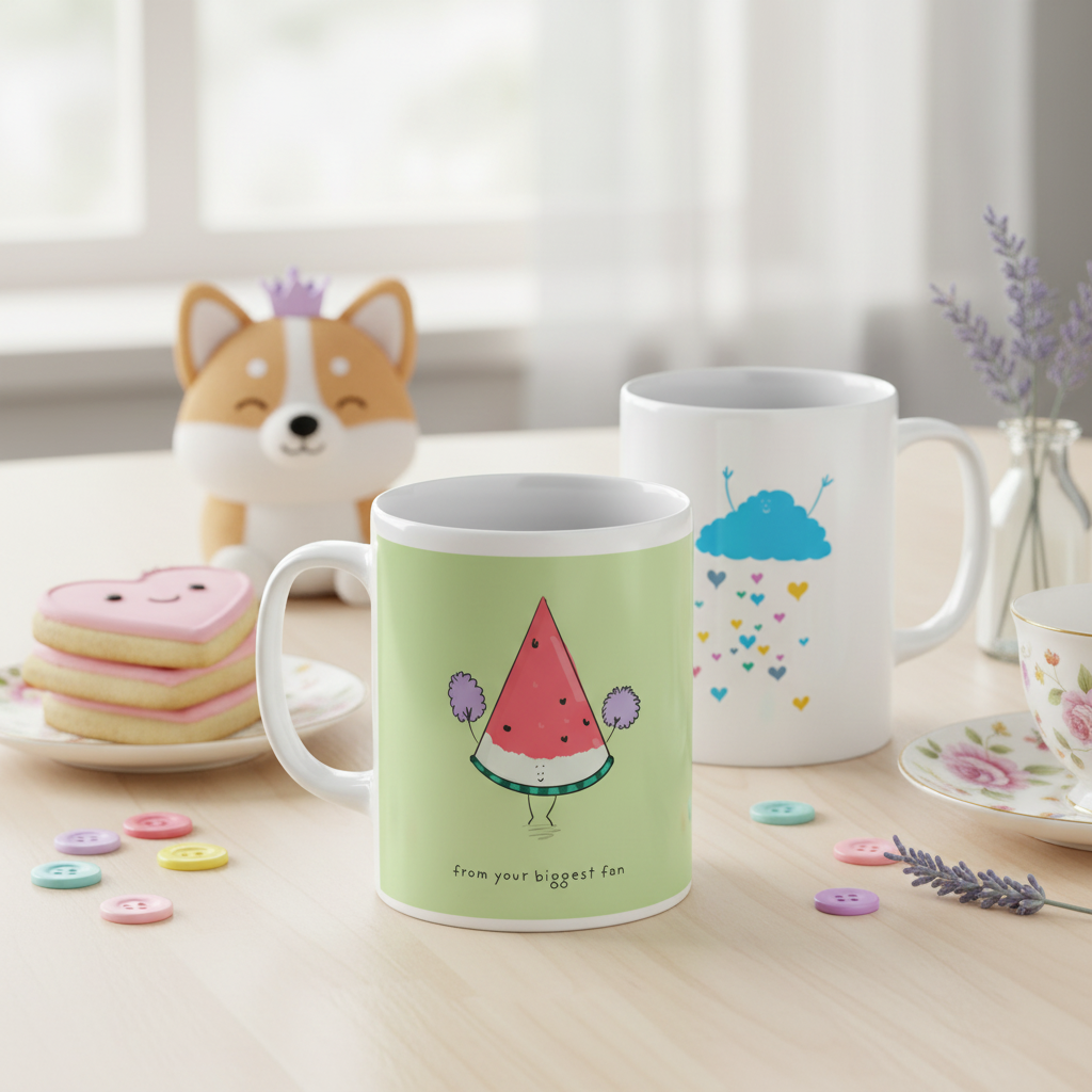 A lifestyle shot of Richard Darani's cute and fun mugs