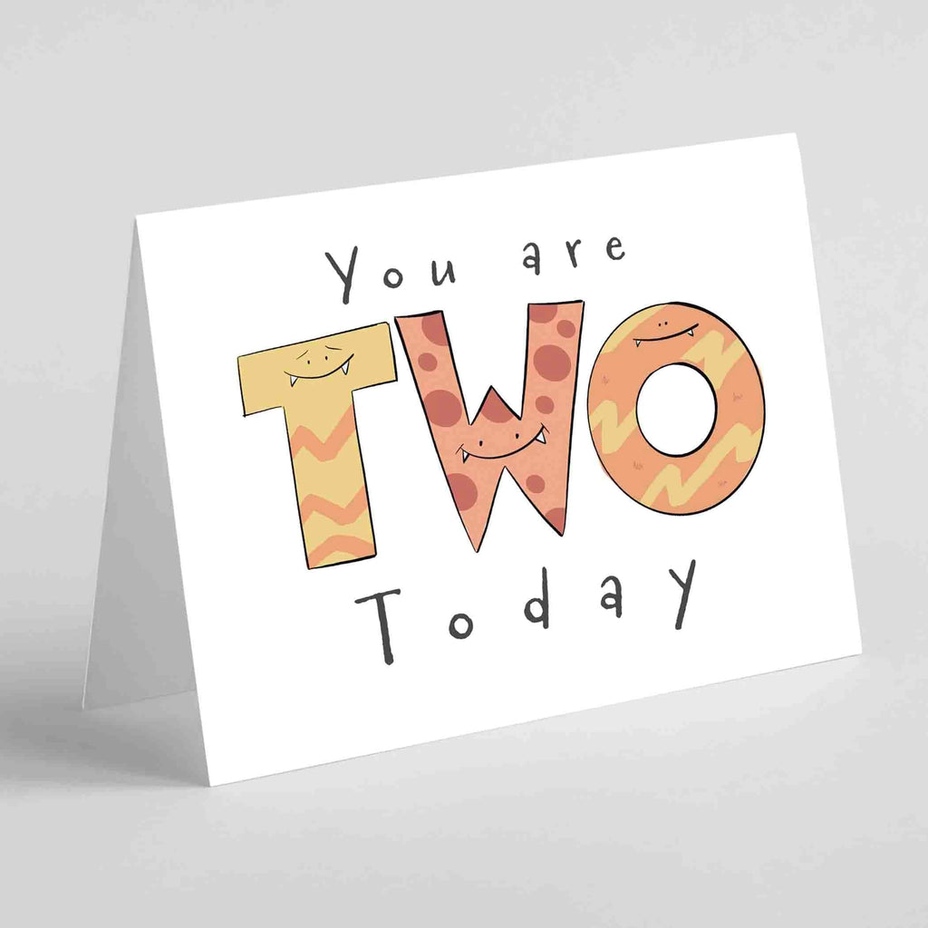 Colorful 'Two Today' birthday card with cheerful monster illustrations, celebrating a child's second birthday in style."