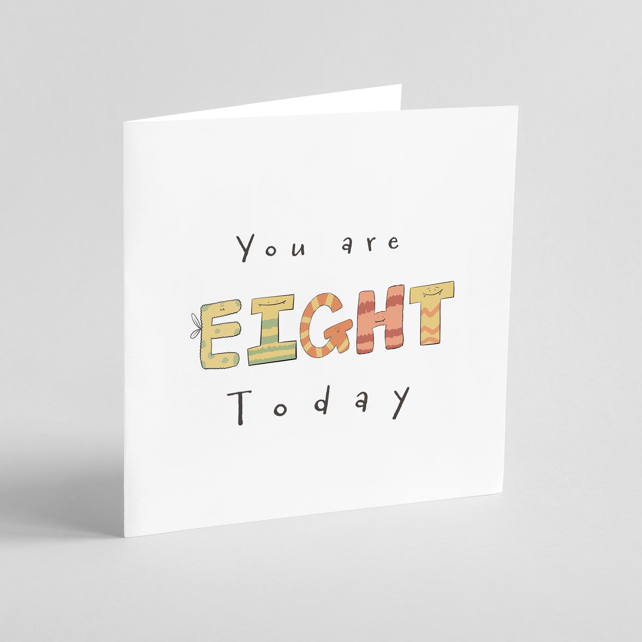 Monster-themed milestone birthday card  showing EIGHT spelled with cute stripey monsters