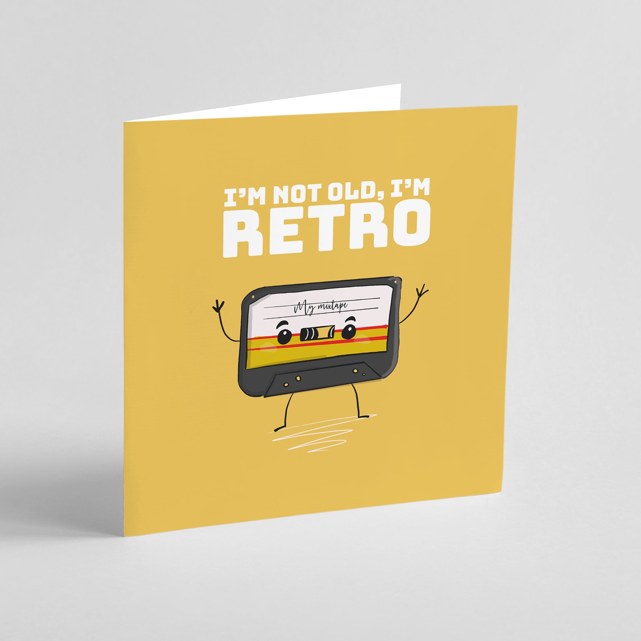 Vintage humor birthday card with cute cassette tape and retro aesthetic
