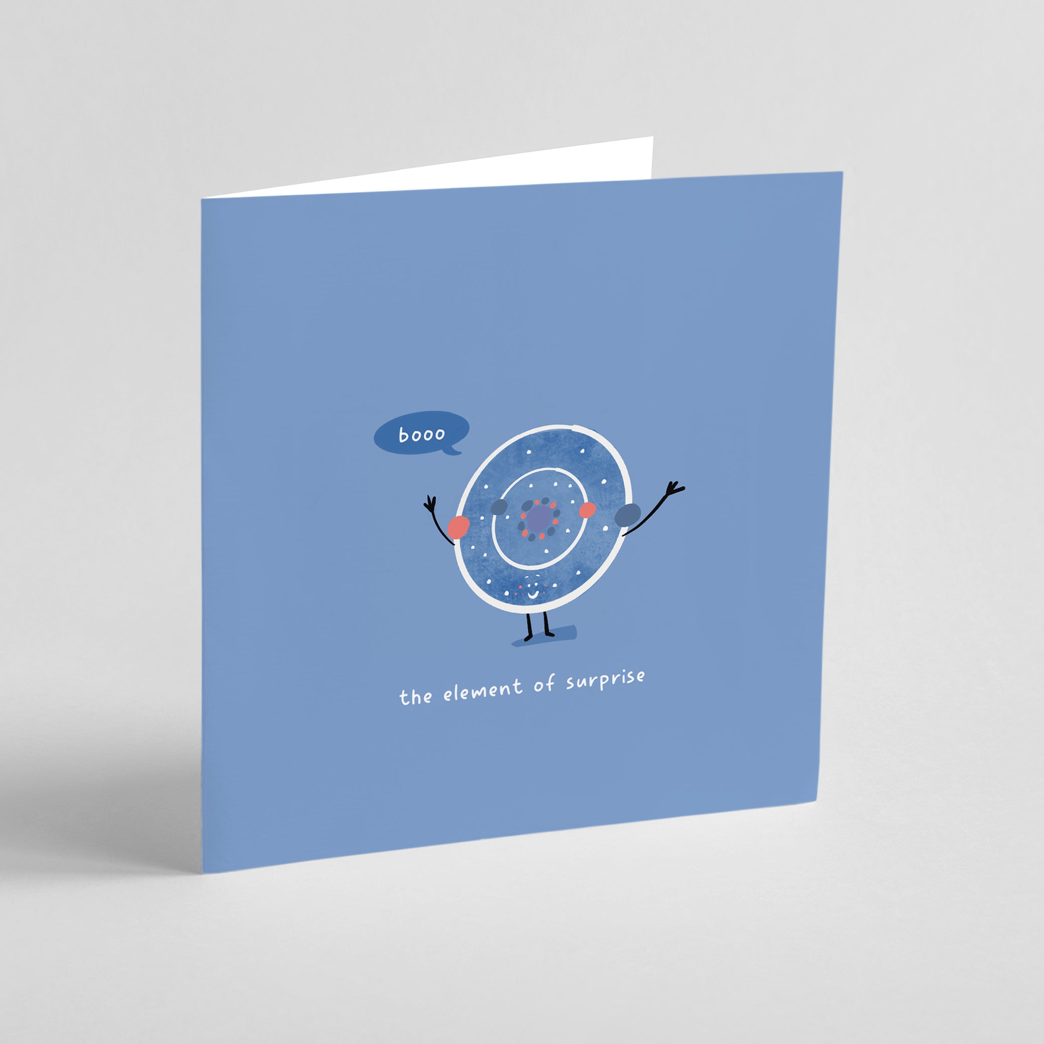 Educational greeting card with periodic table element surprise character