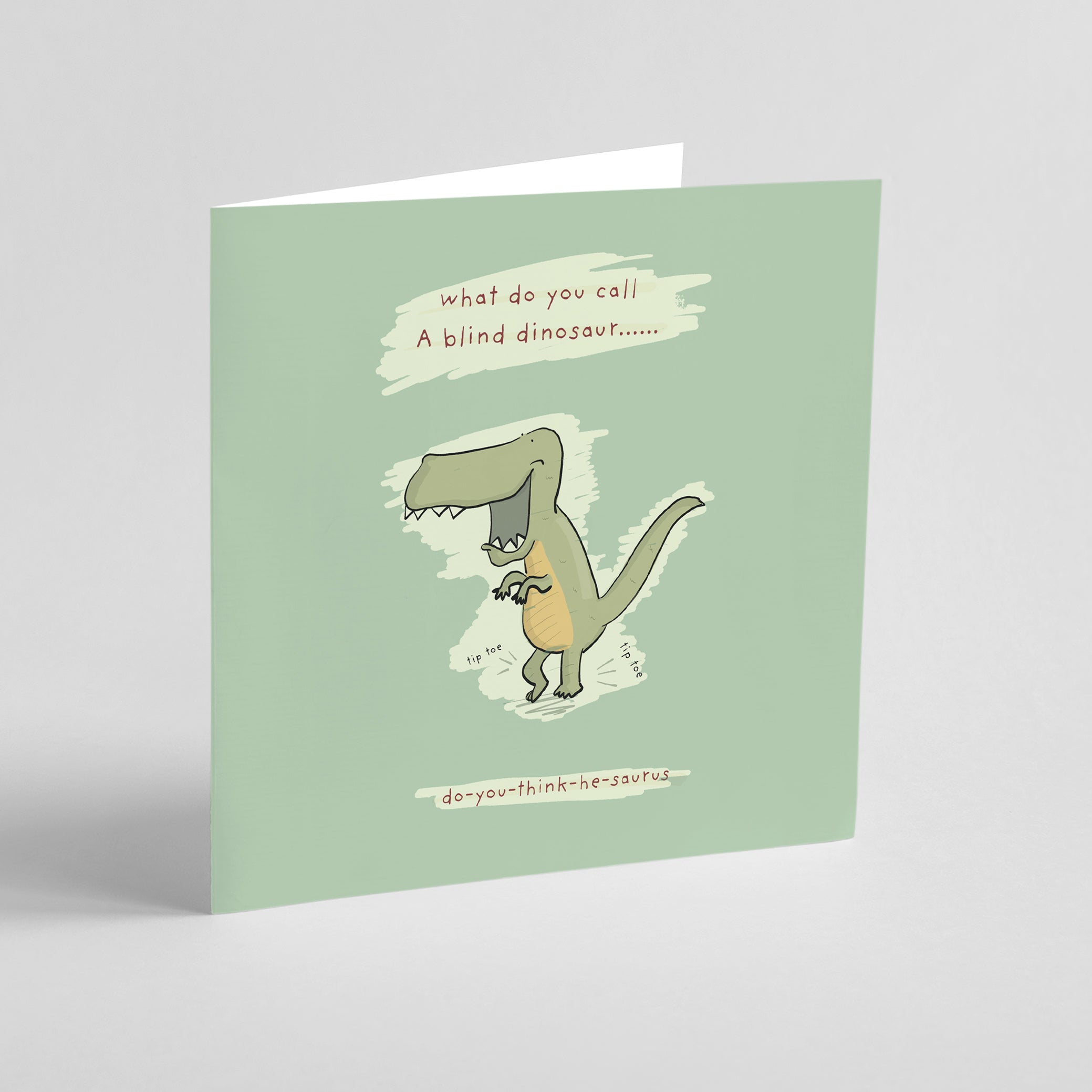 Kids dinosaur joke card with cheerful T-Rex and humorous prehistoric pun