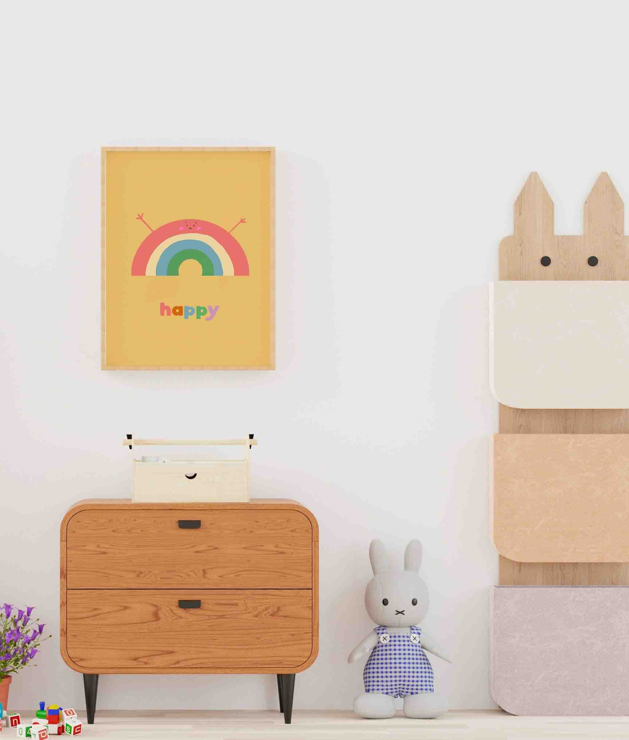 Happy Rainbow art print hung in a child's nursery