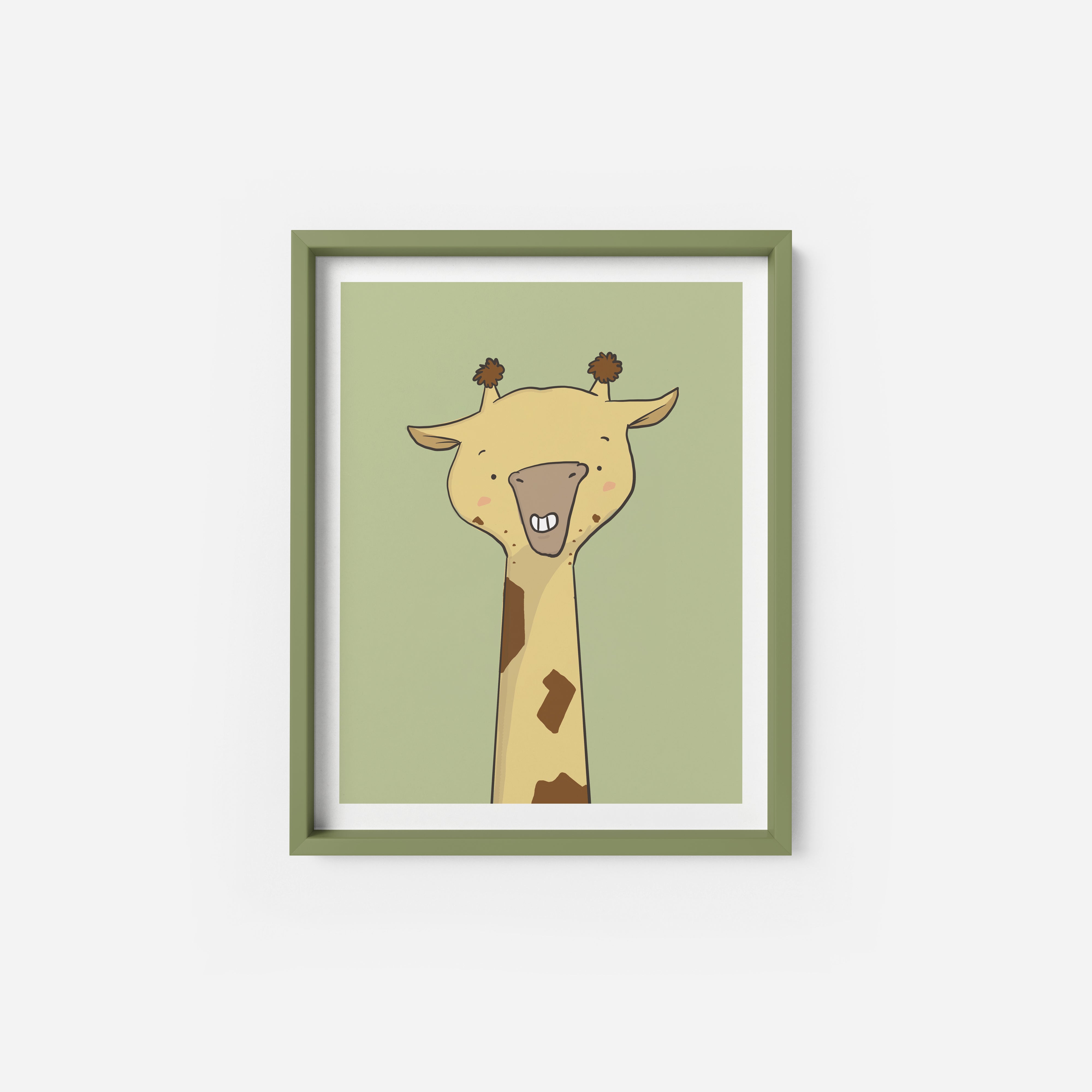 A framed illustration of a cartoon giraffe with a happy expression.