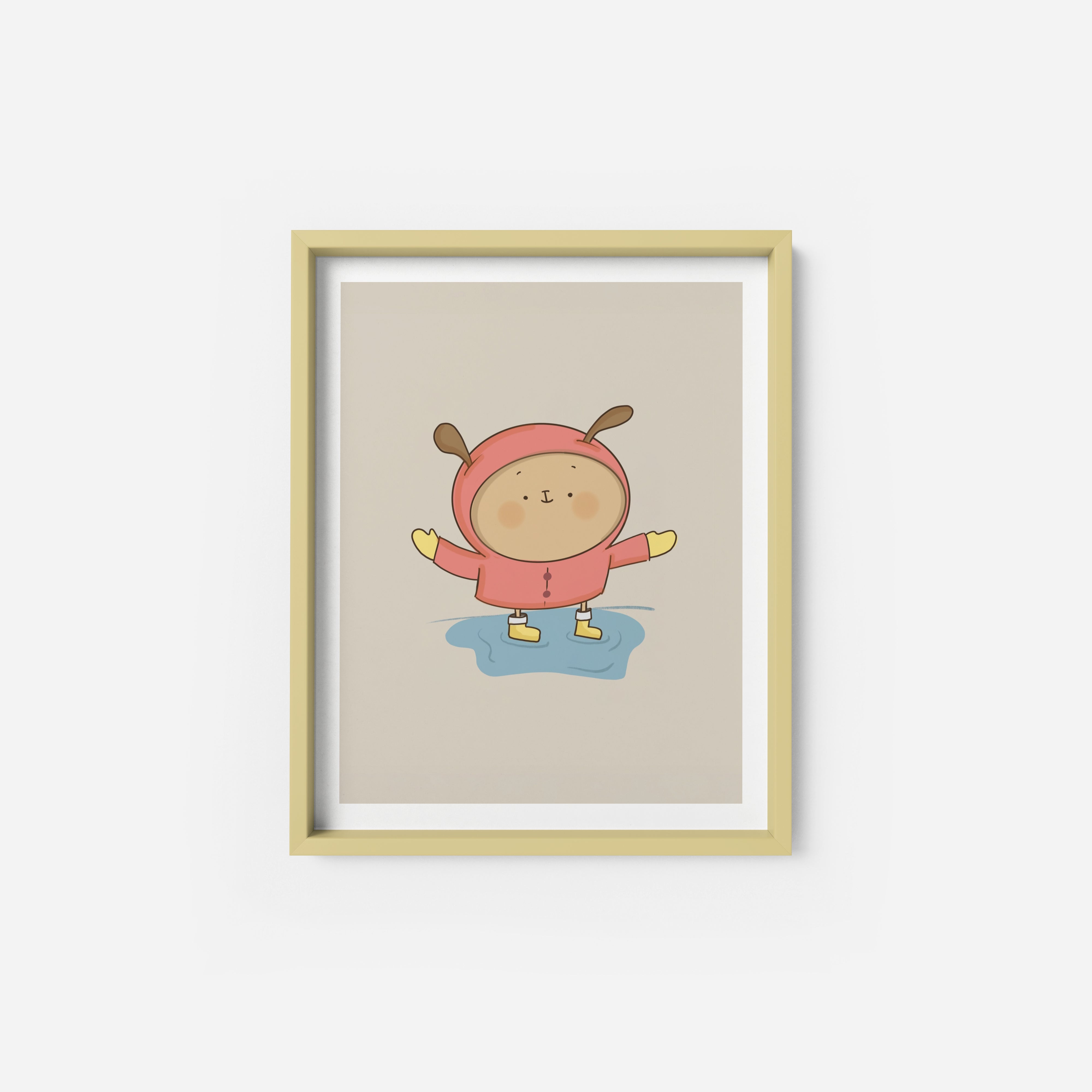 A framed illustration of a cartoon character dog wearing a red hoodie and yellow boots, standing on a blue puddle.