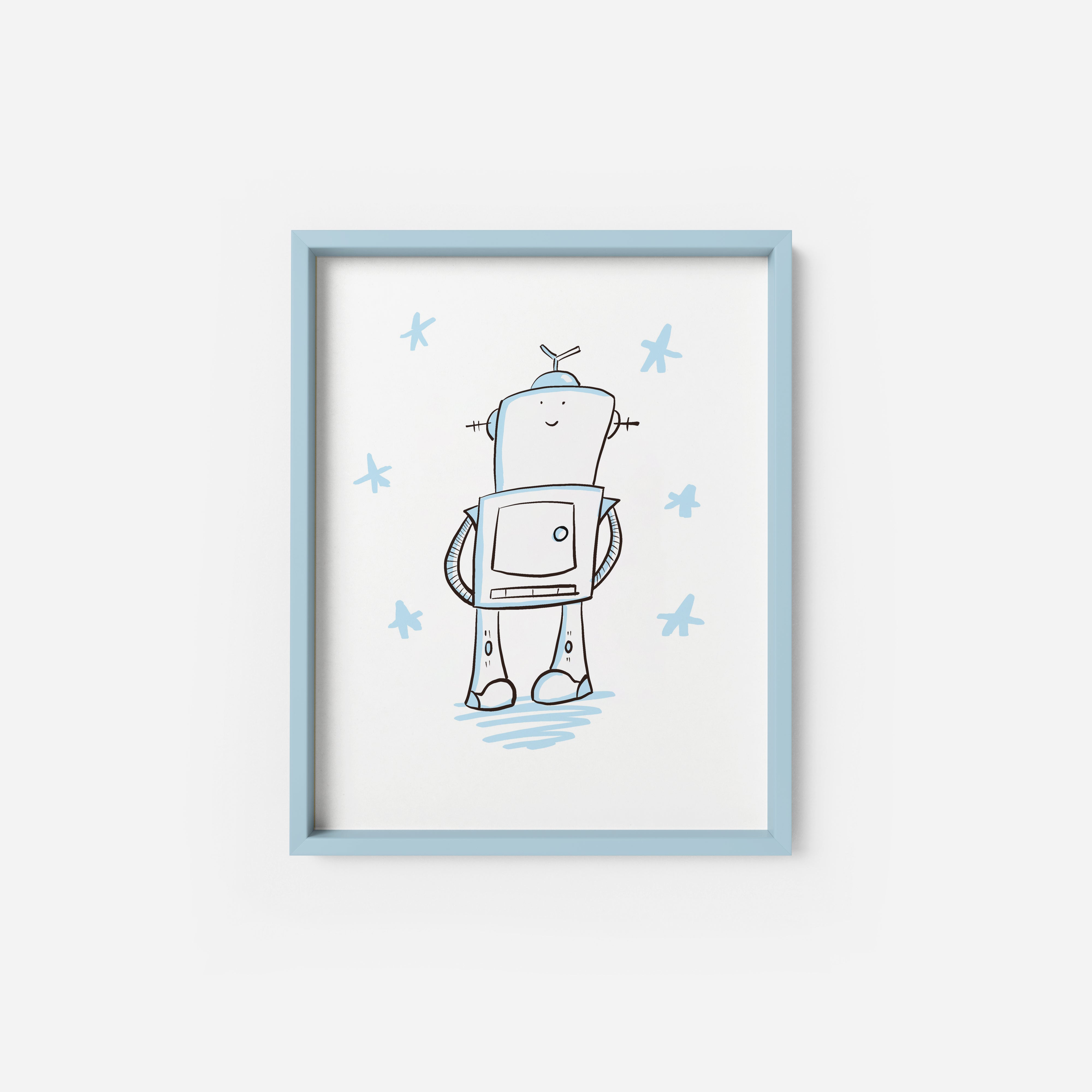 A framed illustration of a robot with a smiling face, surrounded by blue stars.