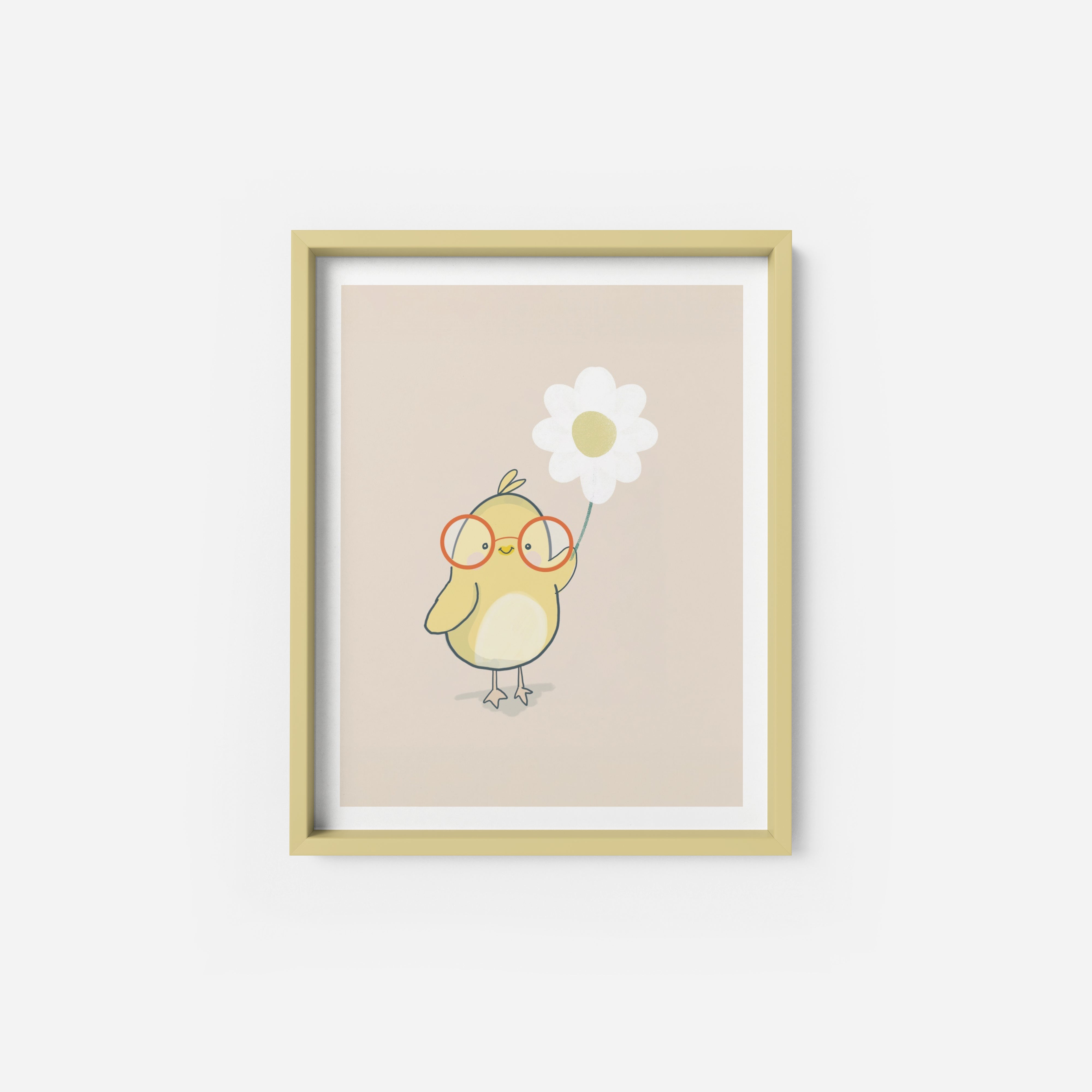 A framed illustration of a yellow bird wearing glasses and holding a white flower.