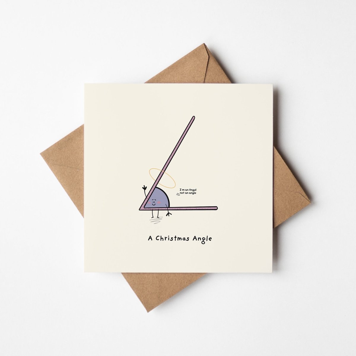 Funny Christmas angle card mockup showing math pun design with kraft envelope