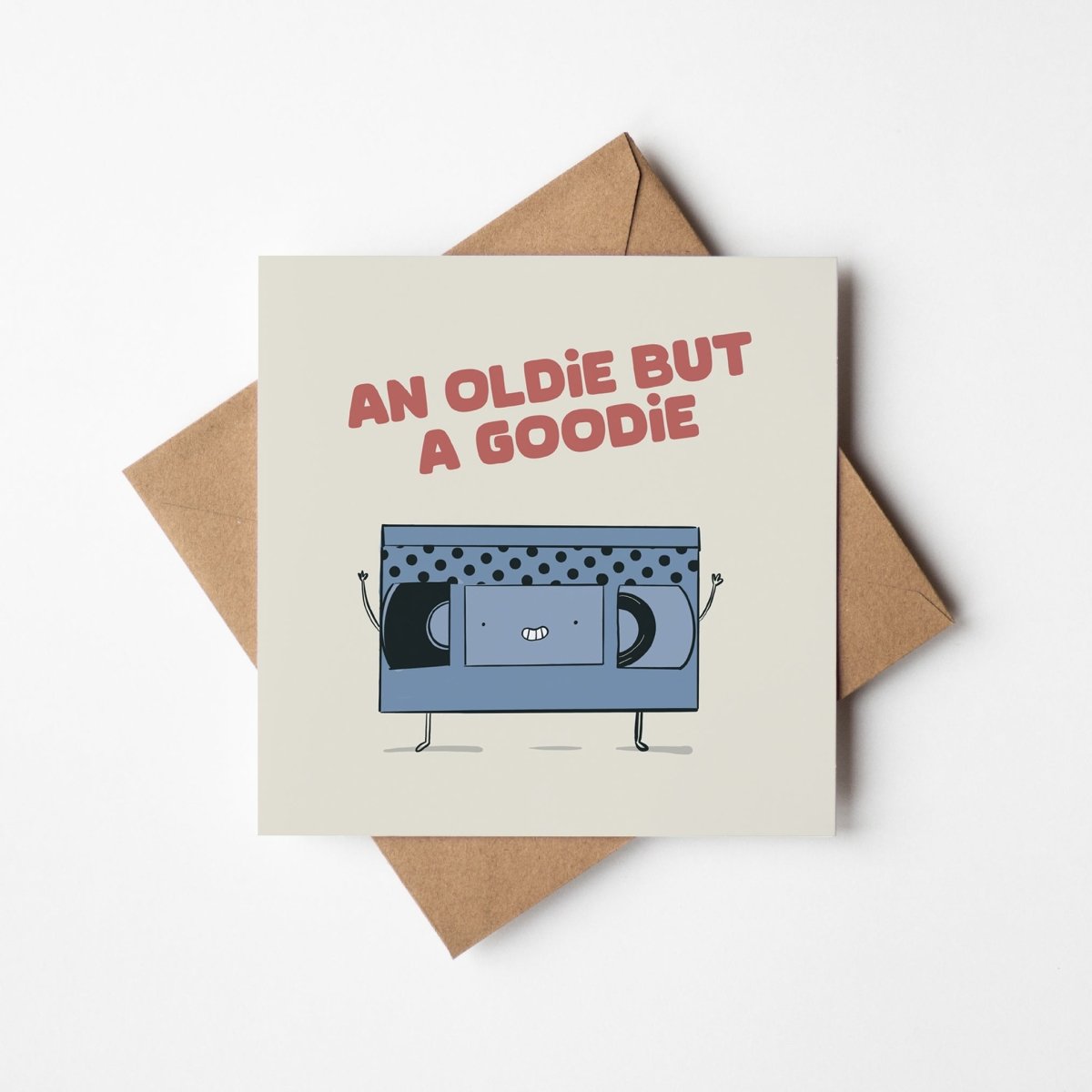 An Oldie But A Goodie VHS tape greeting card with nostalgic retro cassette character
