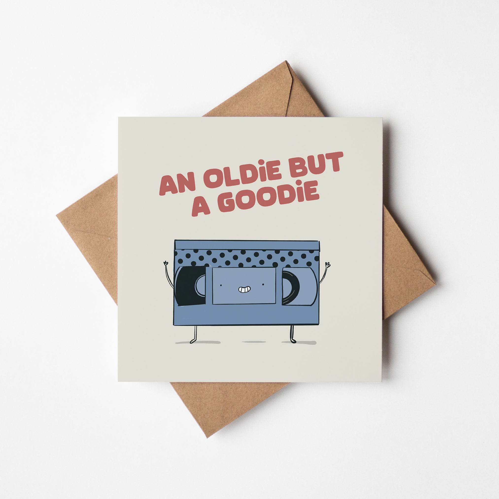 An Oldie But A Goodie VHS tape greeting card with nostalgic retro cassette character