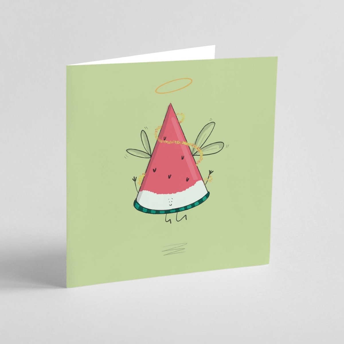 Greeting card with a watermelon character on a light green background