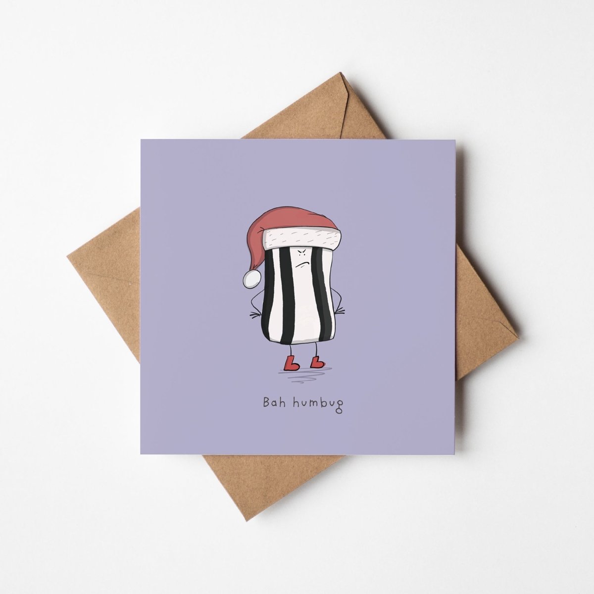 Bah Humbug Christmas card with cranky kawaii character and grumpy holiday spirit