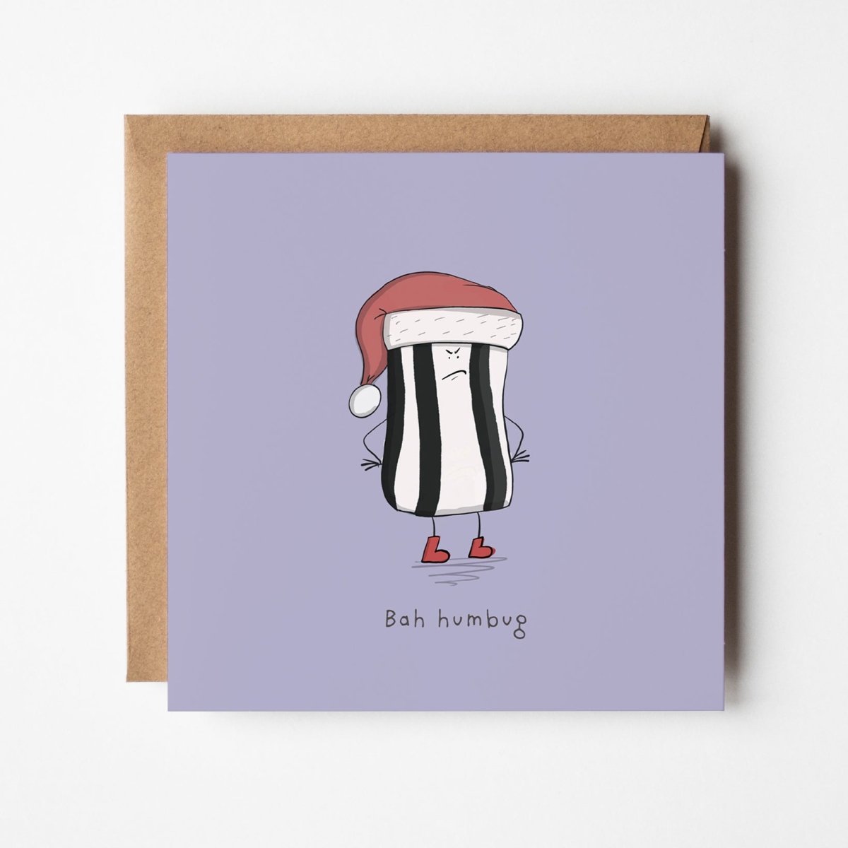 Bah Humbug Christmas card with cranky kawaii character and grumpy holiday spirit