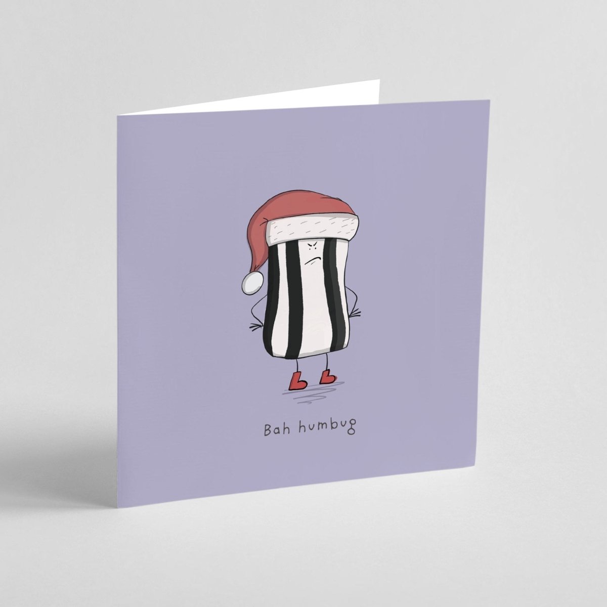 Holiday card with lovable cranky kawaii character saying Bah Humbug