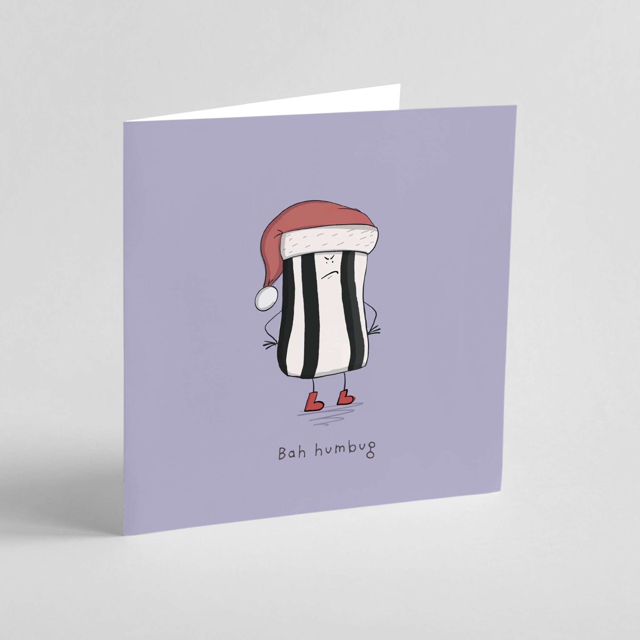 Holiday card with lovable cranky kawaii character saying Bah Humbug