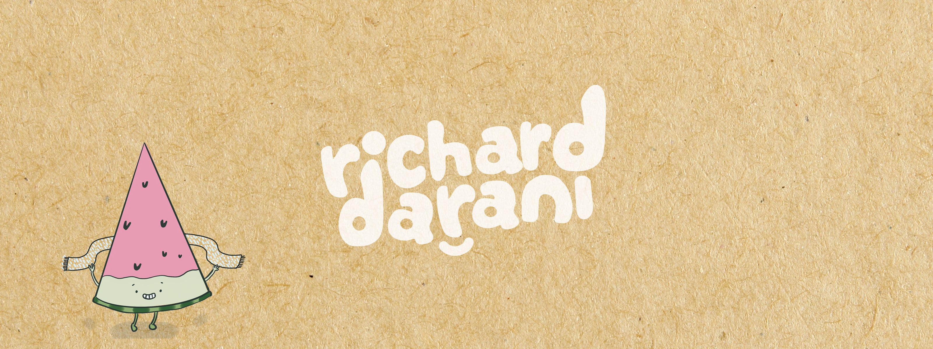 Illustration of a character with a watermelon slice head on a brown background with 'Richard Darani' text.