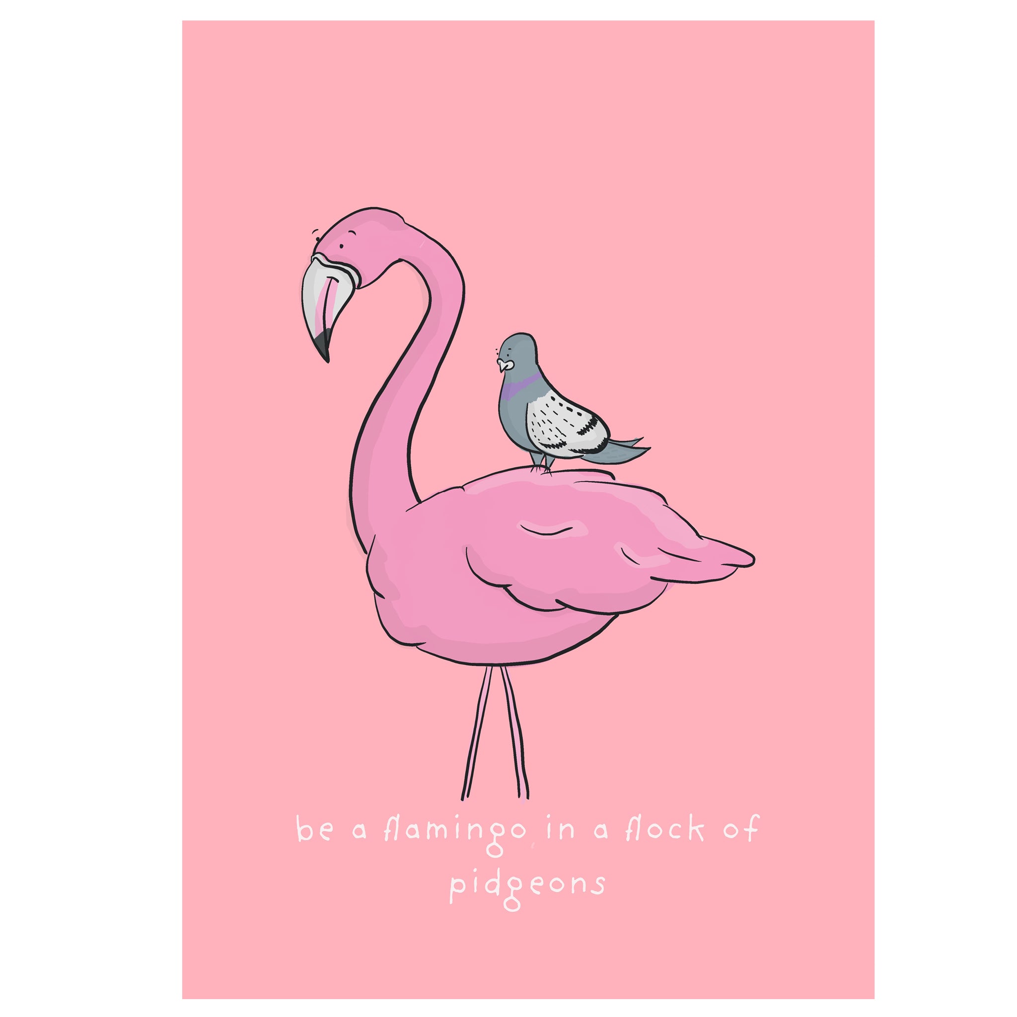 Illustration of a pink flamingo with a pigeon on its back against a pink background.