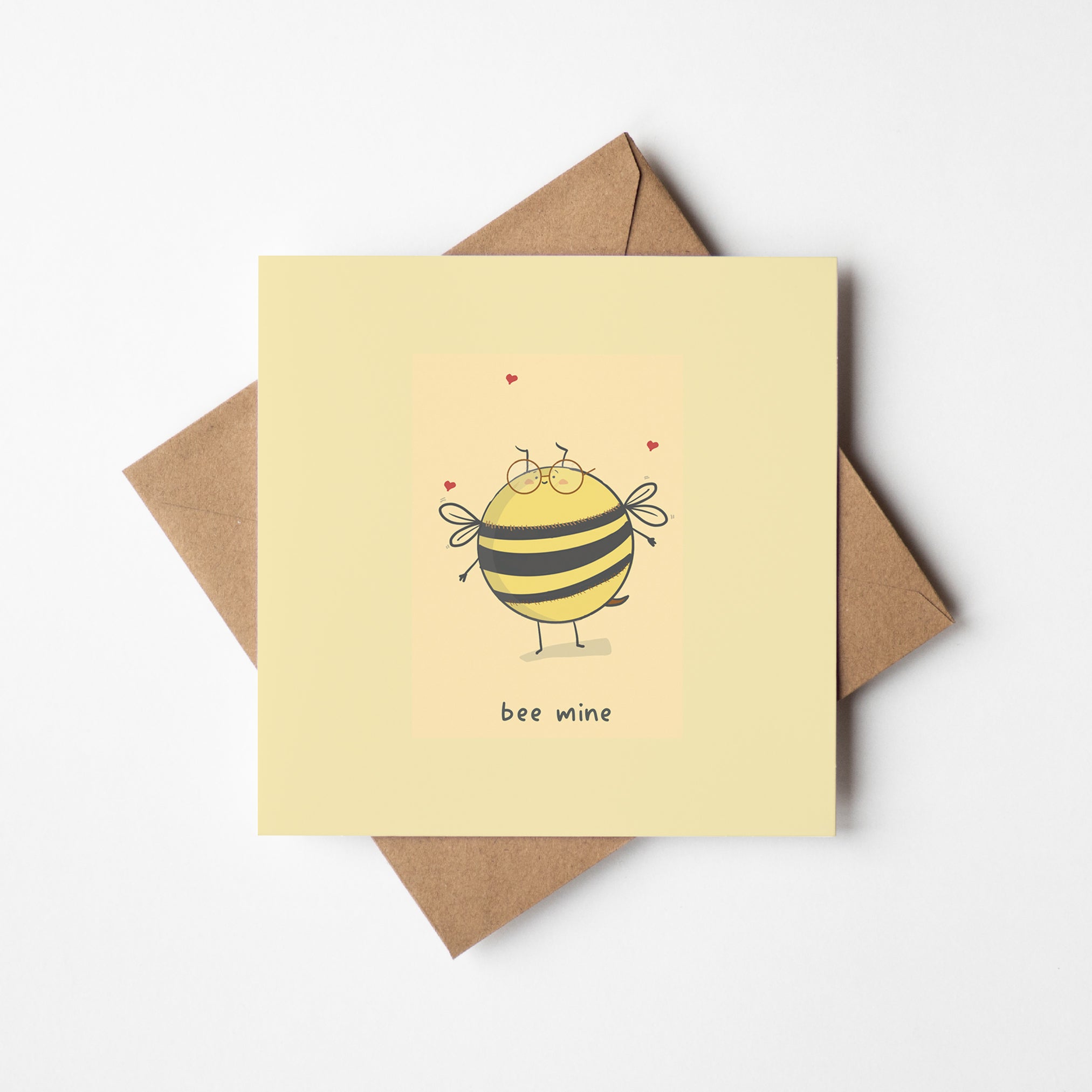Bee Mine card mockup showing adorable bee character with shy smile and Valentine's theme