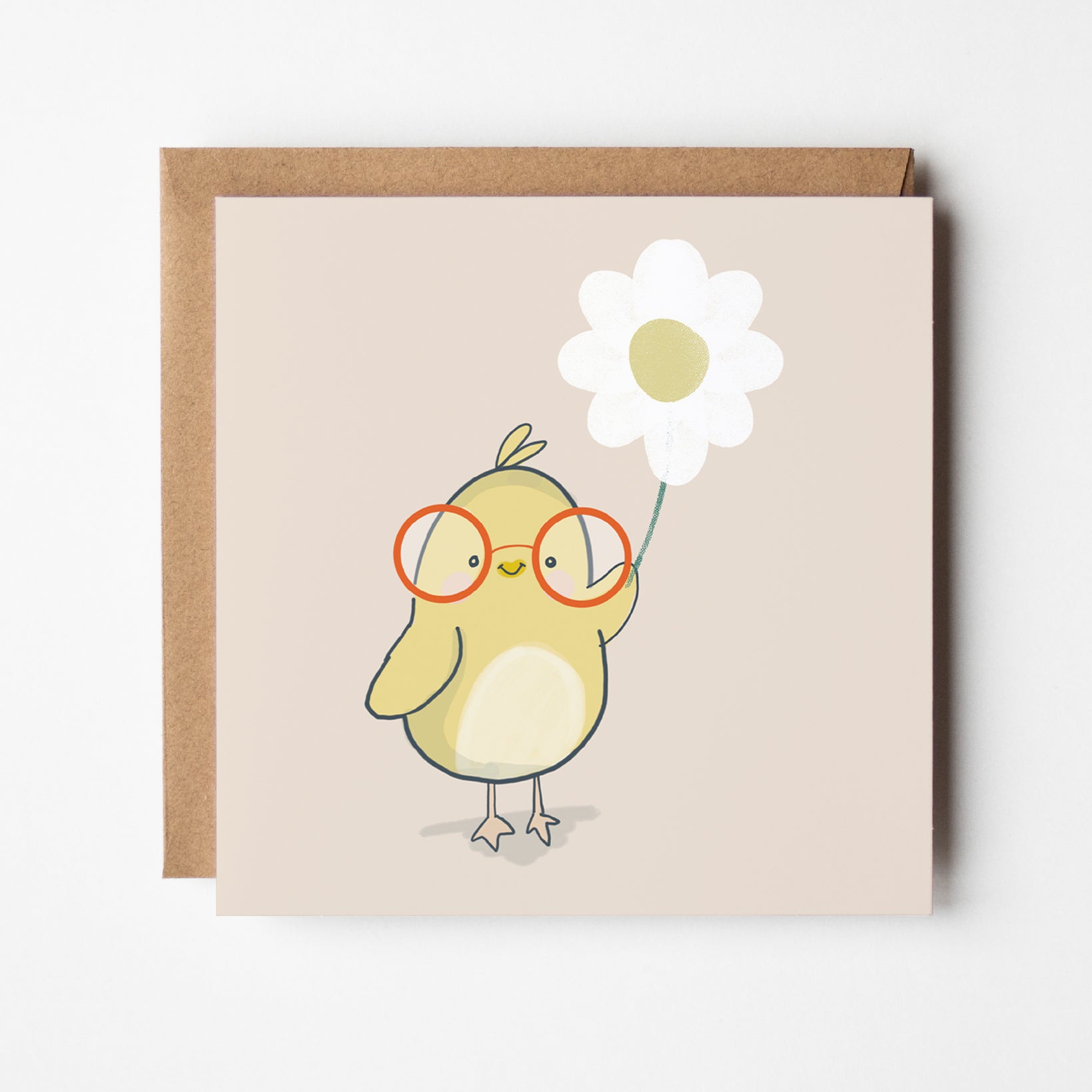 Bird with glasses greeting card featuring kawaii bird wearing orange glasses holding white daisy