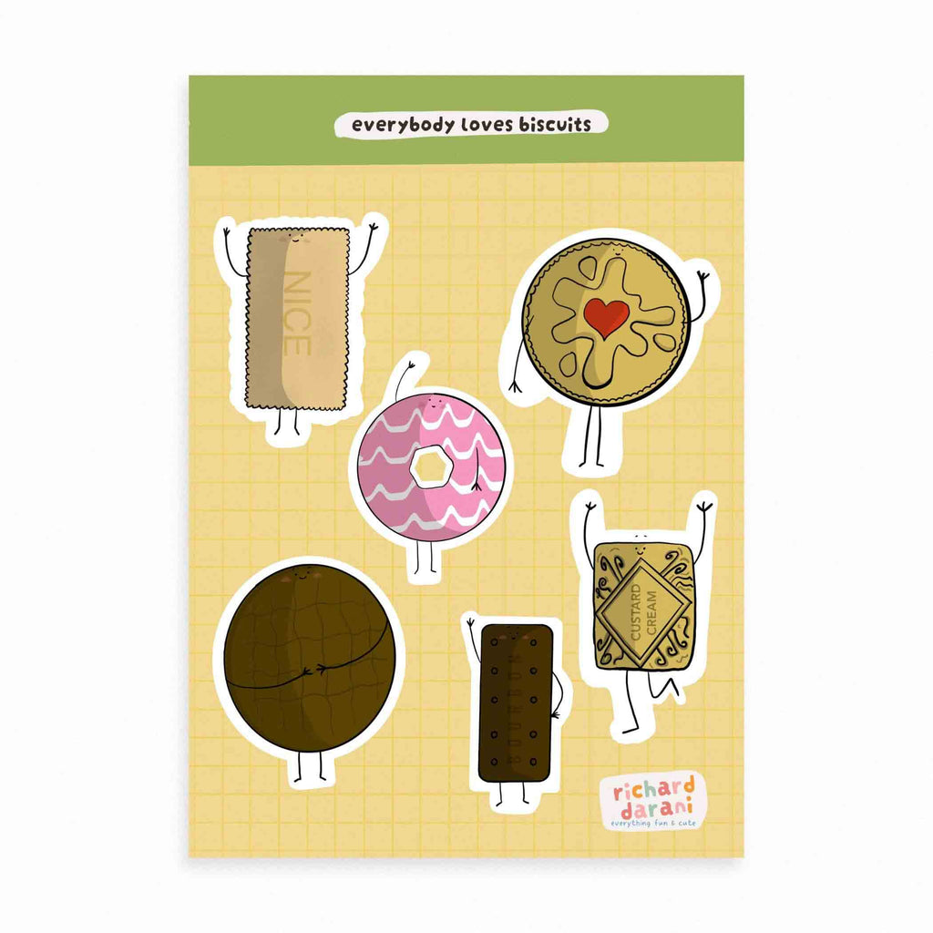 A photo of a sticker sheet featuring various biscuit designs, including a Party Ring and cream-filled biscuits, perfect for adding sweetness to your belongings.