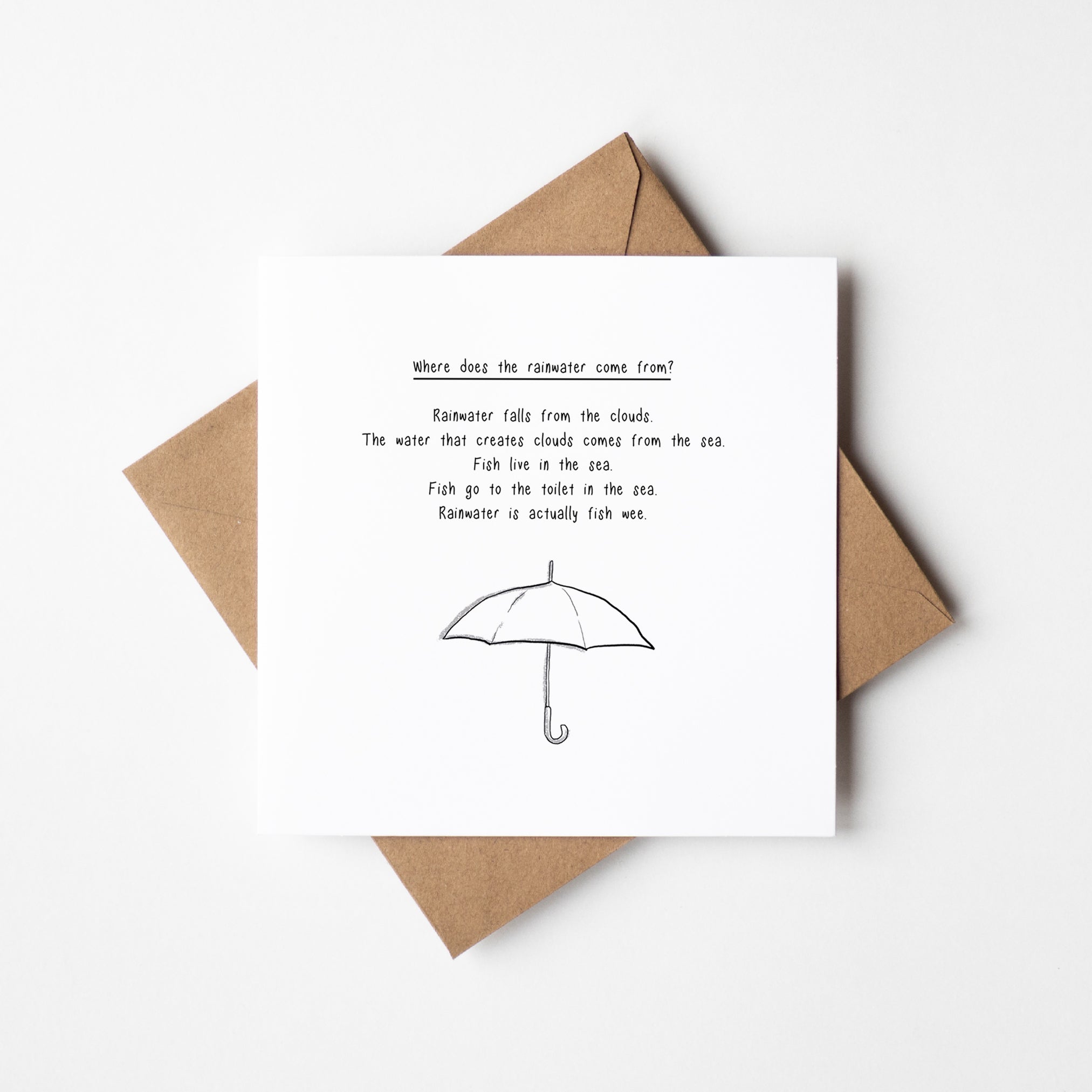 Educational humor card featuring adorable fish and water droplets with science facts