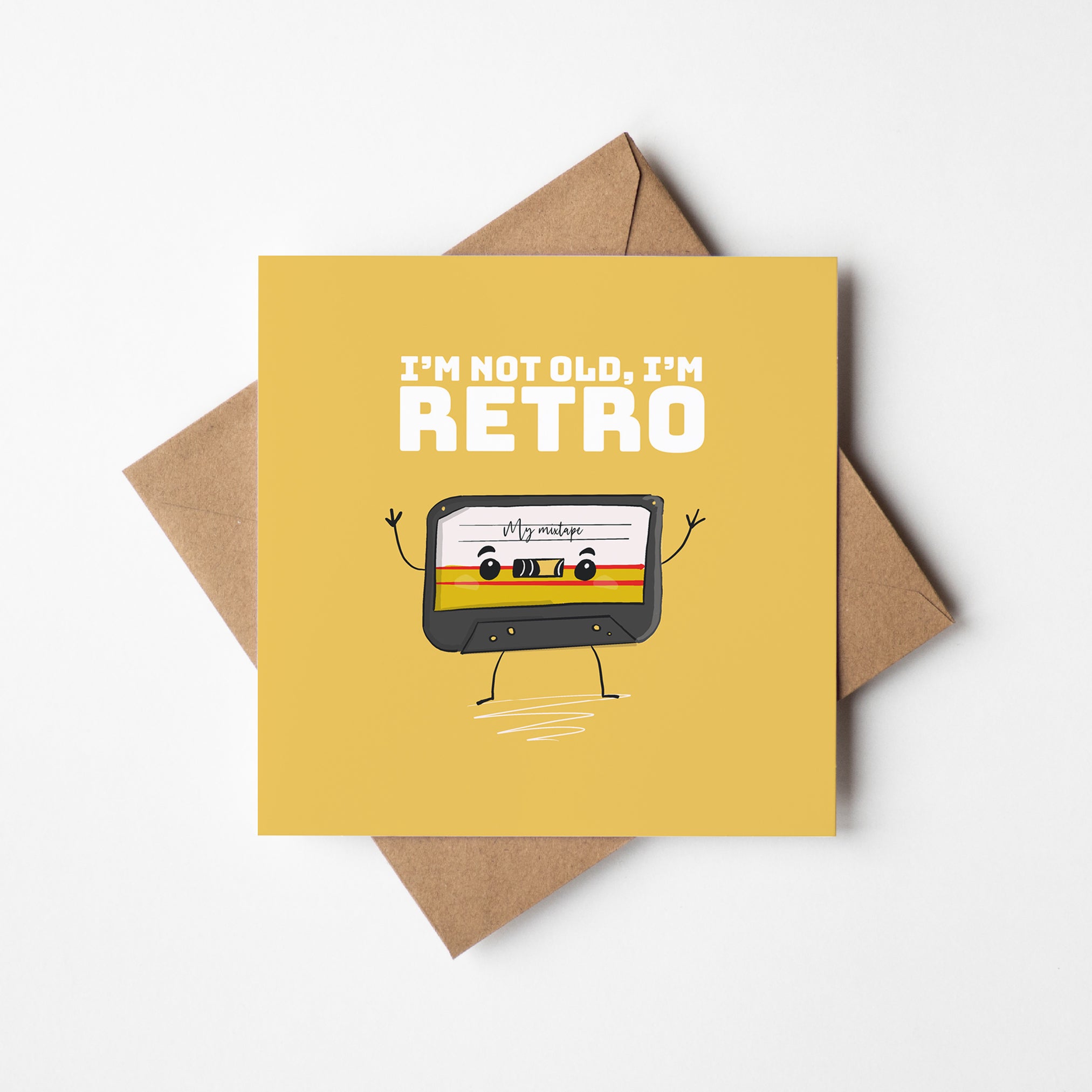 I'm Not Old I'm Retro birthday card with vintage cassette tape kawaii design